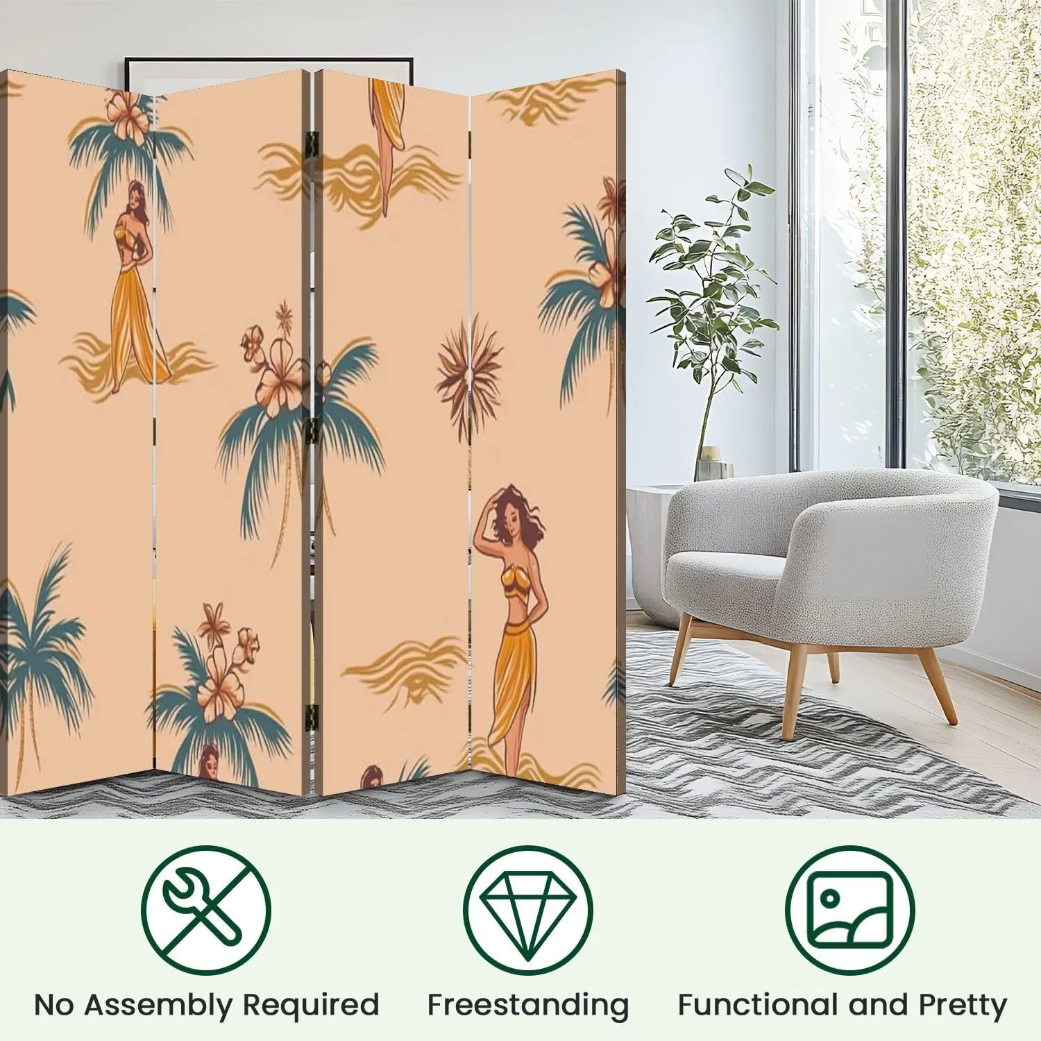 Room Divider Panel Folding Privacy Screen Beautiful Hawaiian Girls Island Beach Seamless Pattern Wood Partition Wall Panels Freestanding Screen Dividers for Room Separation