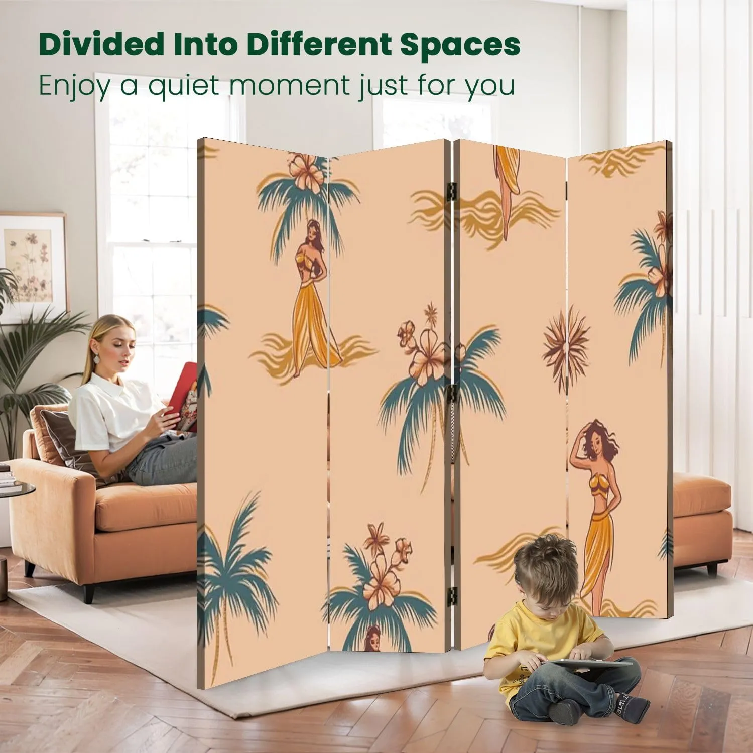 Room Divider Panel Folding Privacy Screen Beautiful Hawaiian Girls Island Beach Seamless Pattern Wood Partition Wall Panels Freestanding Screen Dividers for Room Separation