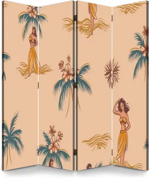 Room Divider Panel Folding Privacy Screen Beautiful Hawaiian Girls Island Beach Seamless Pattern Wood Partition Wall Panels Freestanding Screen Dividers for Room Separation