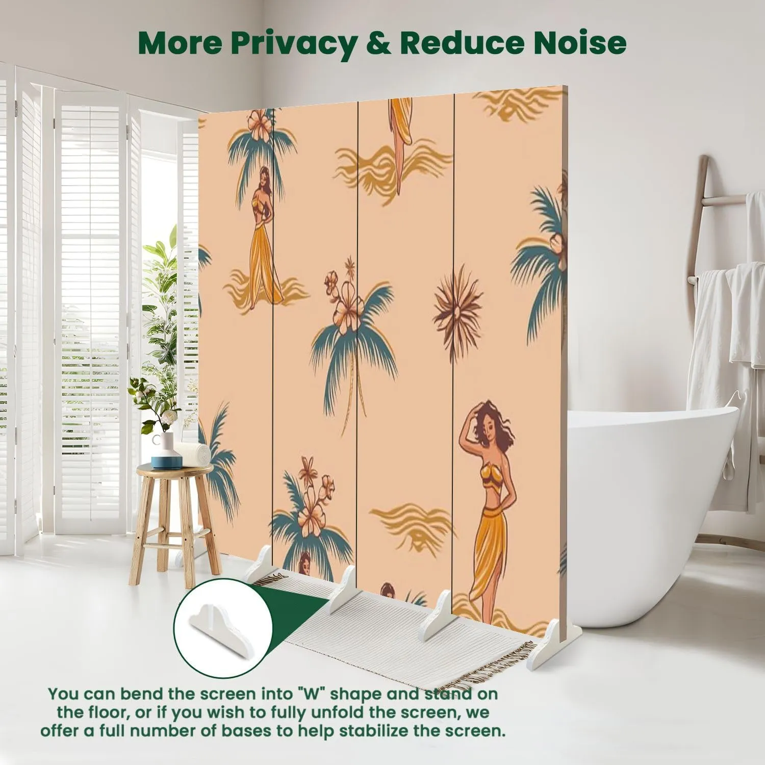 Room Divider Panel Folding Privacy Screen Beautiful Hawaiian Girls Island Beach Seamless Pattern Wood Partition Wall Panels Freestanding Screen Dividers for Room Separation