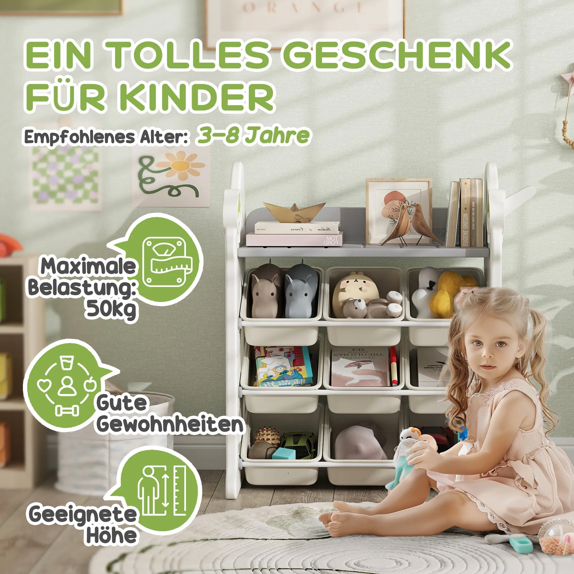 Rootz Children's 9 Bin Toy Storage Rack - Kids Organizer - Nursery Shelf - Promotes Organizational Skills - 77L x 42W x 94H cm