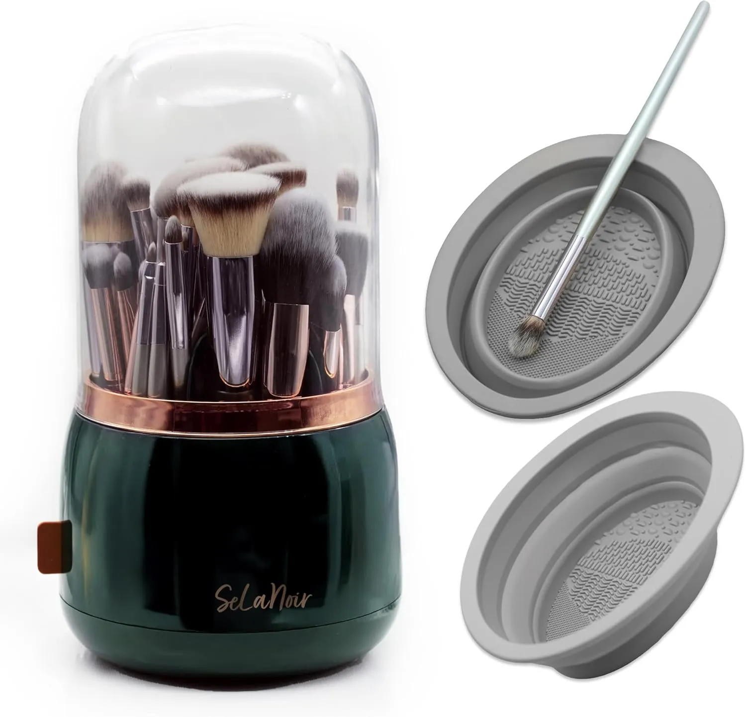 Rotating Makeup Brush Holder with Lid – Dustproof Vanity Organizer for Makeup Brushes, Bonus Foldable Makeup Brush Cleaner Bowl Included, Elegant Green Storage Solution