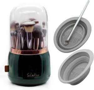 Rotating Makeup Brush Holder with Lid – Dustproof Vanity Organizer for Makeup Brushes, Bonus Foldable Makeup Brush Cleaner Bowl Included, Elegant Green Storage Solution