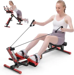 Rowing Machine, 4 in 1 Rowing and Ab Machine with 2 Levels of Workout Resistance, Quiet & Foldable Rower Machine with 3 Adjustable Handle Heights & LCD Monitor, Row Machine for Home Exercise