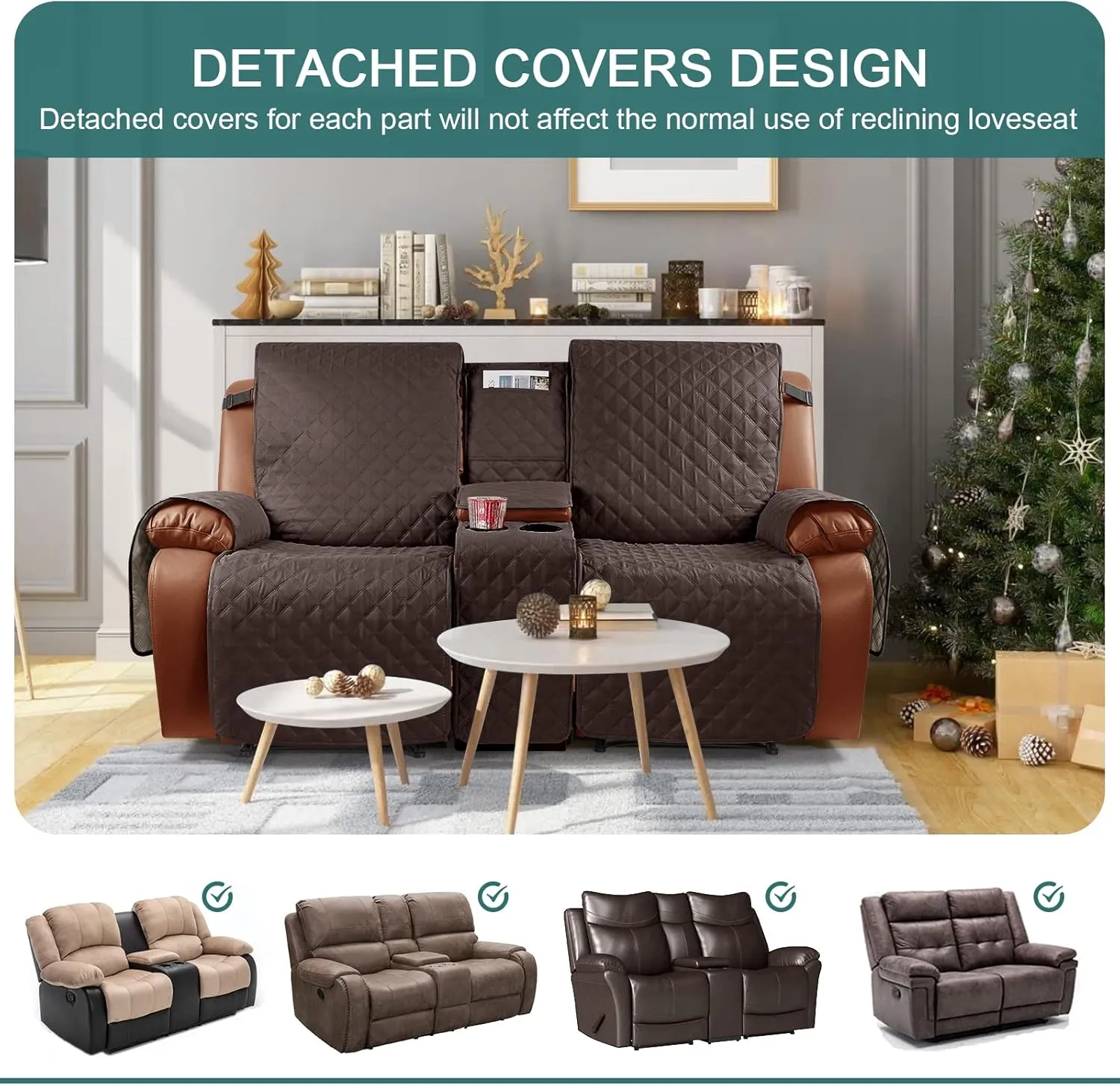Ruaozz Waterproof Recliner Loveseat Cover with Console Non-Slip Couch Covers for Reclining Couches Pet Cover for Double Recliner Sofa Cover with Elastic Straps for Kid Dogs Pets (Chocolate, 2 Seater)