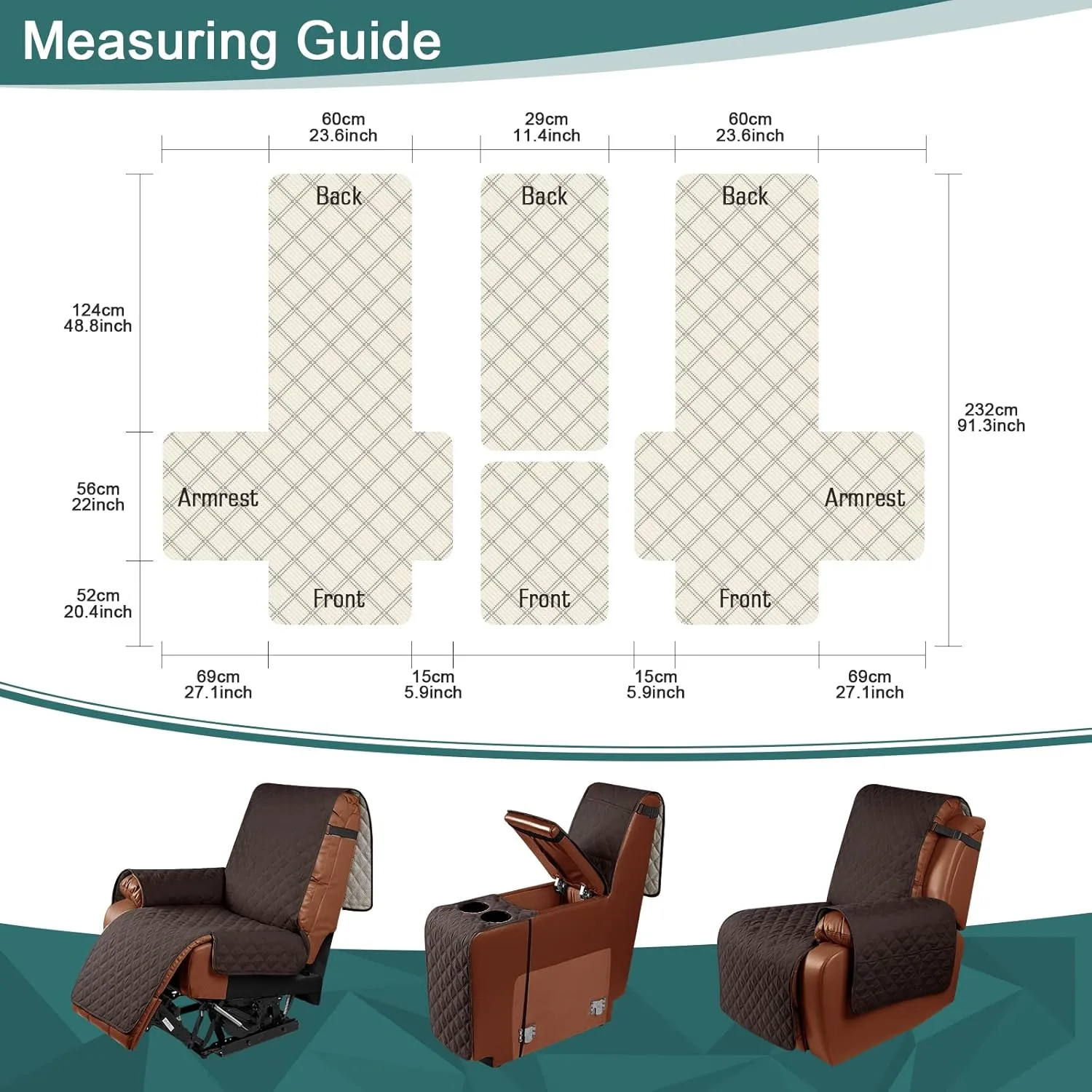Ruaozz Waterproof Recliner Loveseat Cover with Console Non-Slip Couch Covers for Reclining Couches Pet Cover for Double Recliner Sofa Cover with Elastic Straps for Kid Dogs Pets (Chocolate, 2 Seater)