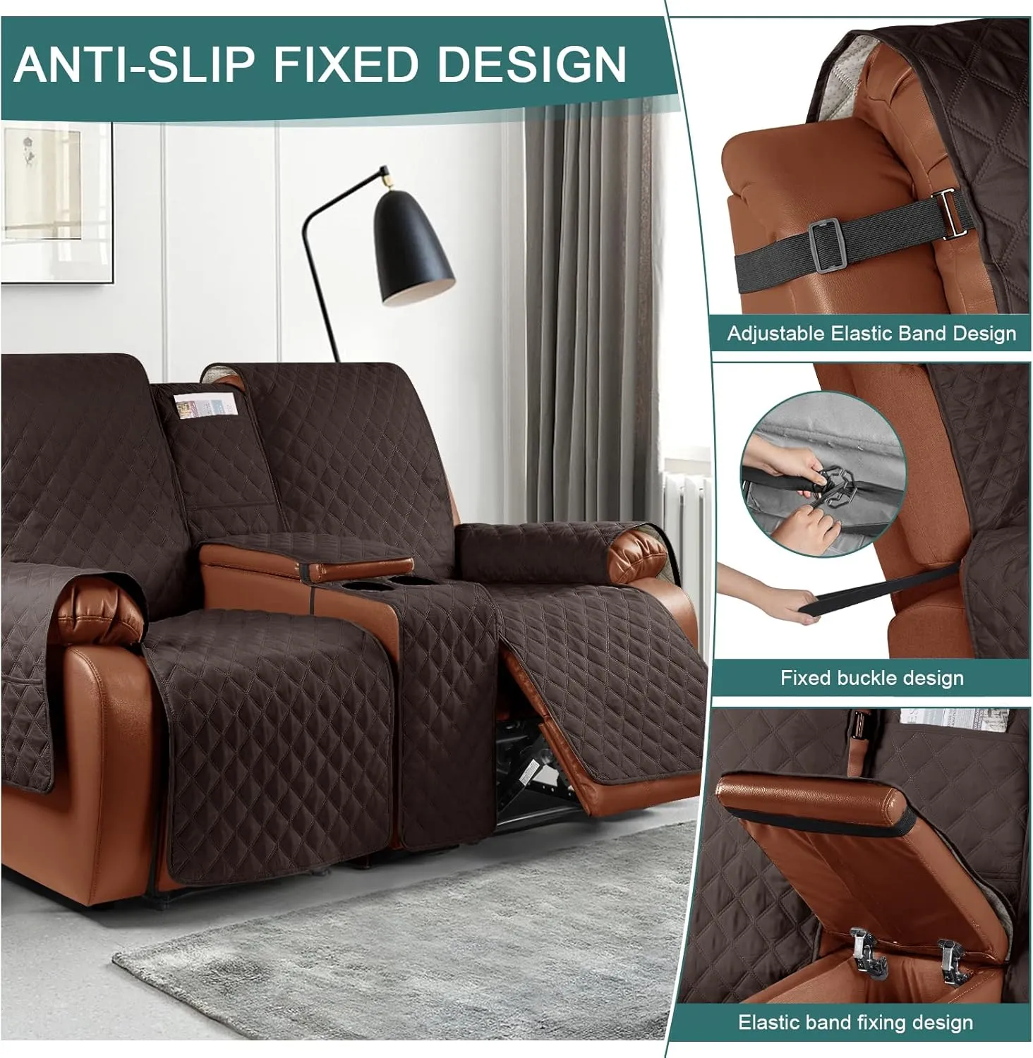 Ruaozz Waterproof Recliner Loveseat Cover with Console Non-Slip Couch Covers for Reclining Couches Pet Cover for Double Recliner Sofa Cover with Elastic Straps for Kid Dogs Pets (Chocolate, 2 Seater)