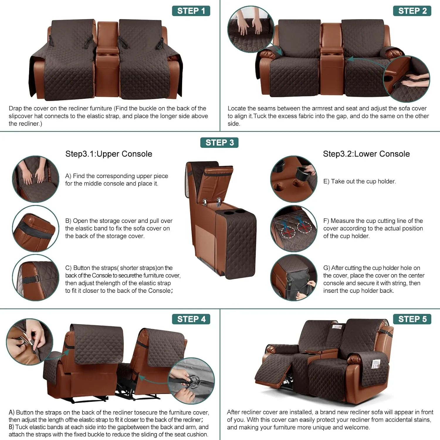 Ruaozz Waterproof Recliner Loveseat Cover with Console Non-Slip Couch Covers for Reclining Couches Pet Cover for Double Recliner Sofa Cover with Elastic Straps for Kid Dogs Pets (Chocolate, 2 Seater)