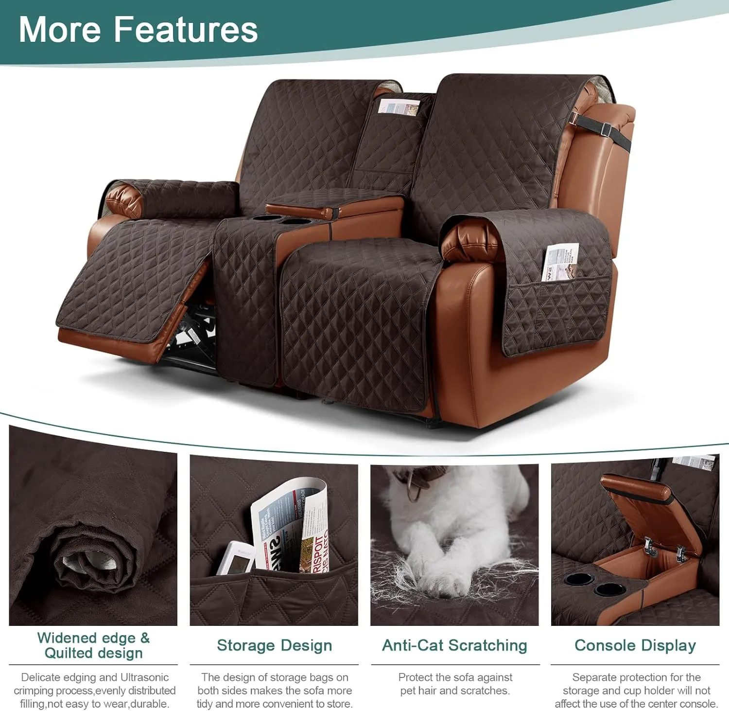Ruaozz Waterproof Recliner Loveseat Cover with Console Non-Slip Couch Covers for Reclining Couches Pet Cover for Double Recliner Sofa Cover with Elastic Straps for Kid Dogs Pets (Chocolate, 2 Seater)