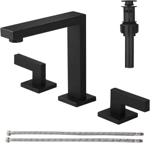 RUMOSE 8 inch Widespread Matte Black Bathroom Faucets for Sink 3 Hole Stainless Steel 2 Handle Lavatory Square Faucet Modern RV Bathroom Faucets with Pop Up Drain Vanity Faucet Deck Mounted