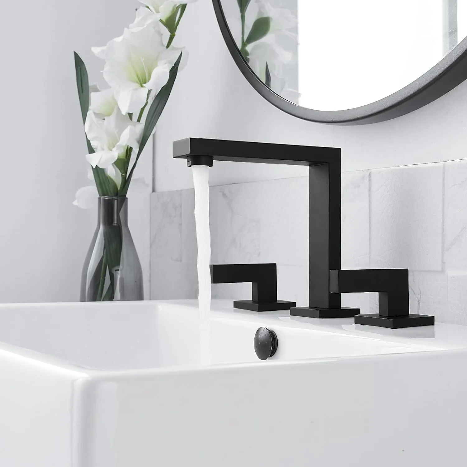 RUMOSE 8 inch Widespread Matte Black Bathroom Faucets for Sink 3 Hole Stainless Steel 2 Handle Lavatory Square Faucet Modern RV Bathroom Faucets with Pop Up Drain Vanity Faucet Deck Mounted