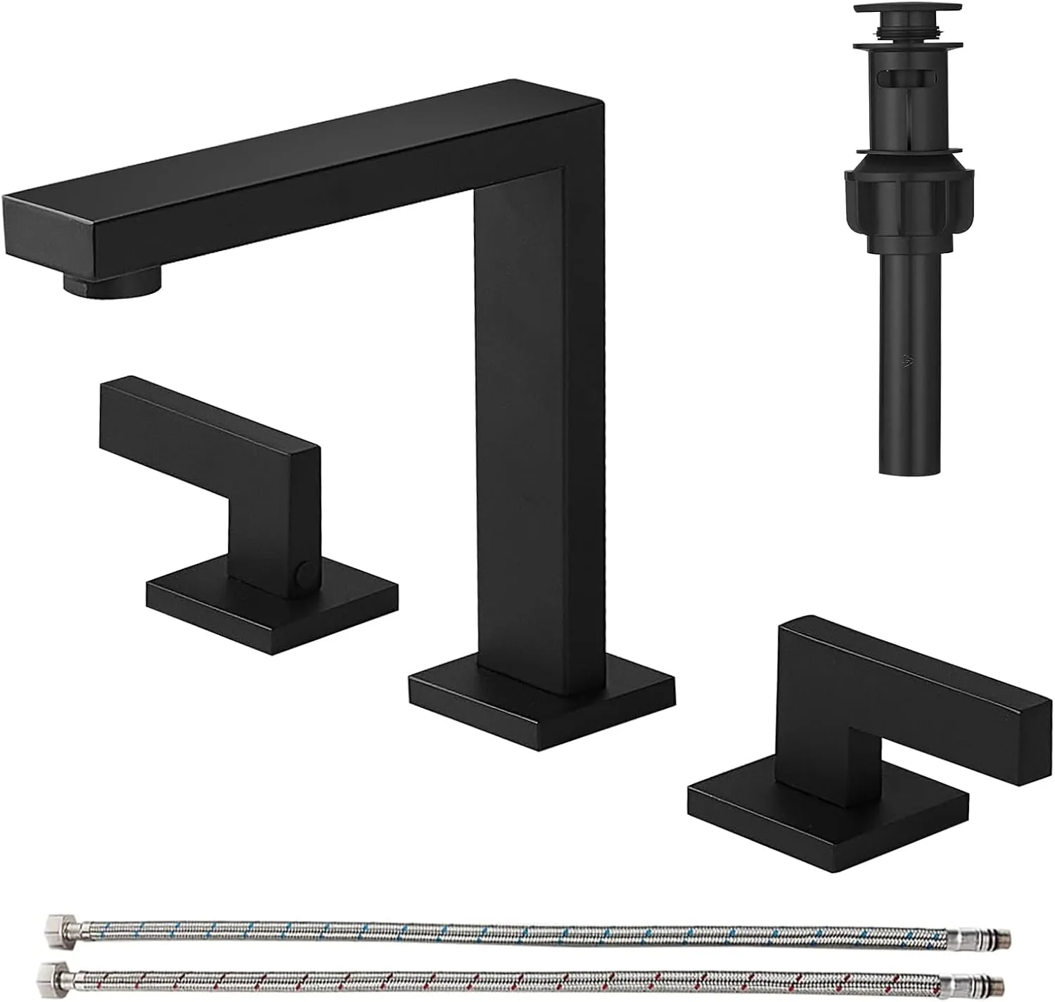 RUMOSE 8 inch Widespread Matte Black Bathroom Faucets for Sink 3 Hole Stainless Steel 2 Handle Lavatory Square Faucet Modern RV Bathroom Faucets with Pop Up Drain Vanity Faucet Deck Mounted