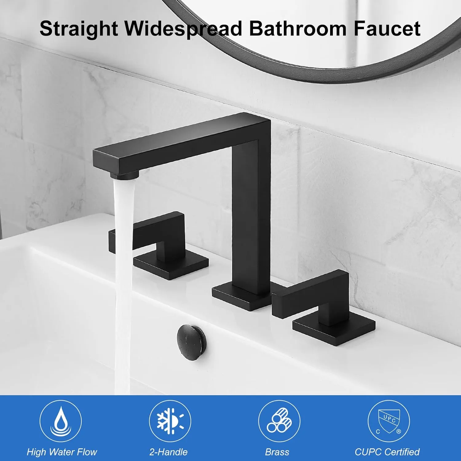 RUMOSE 8 inch Widespread Matte Black Bathroom Faucets for Sink 3 Hole Stainless Steel 2 Handle Lavatory Square Faucet Modern RV Bathroom Faucets with Pop Up Drain Vanity Faucet Deck Mounted