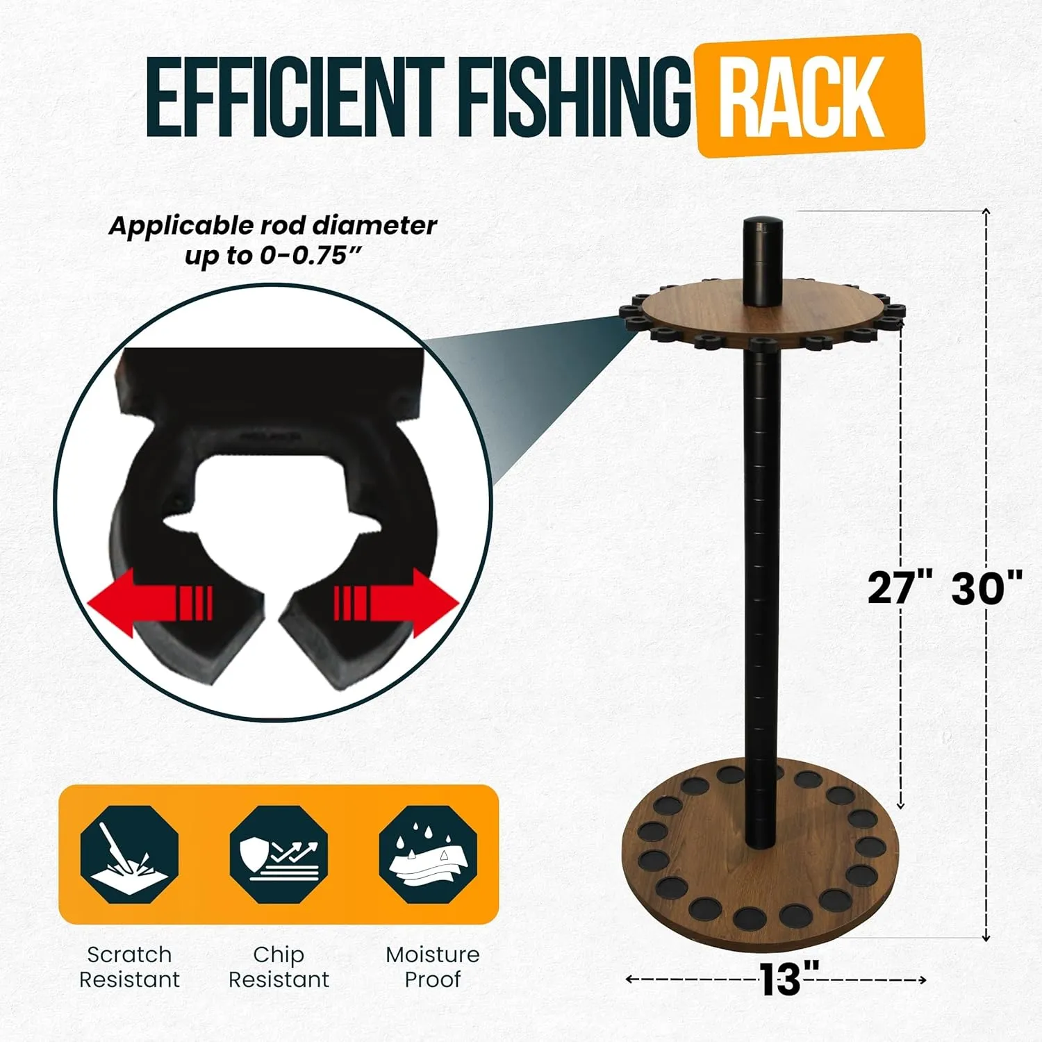 Rush Creek Creations | Round Rod Holder for 16 Freshwater Poles, Gear, and Accessories | Fishing Rack With 16 Rod Clips for Garage Organization