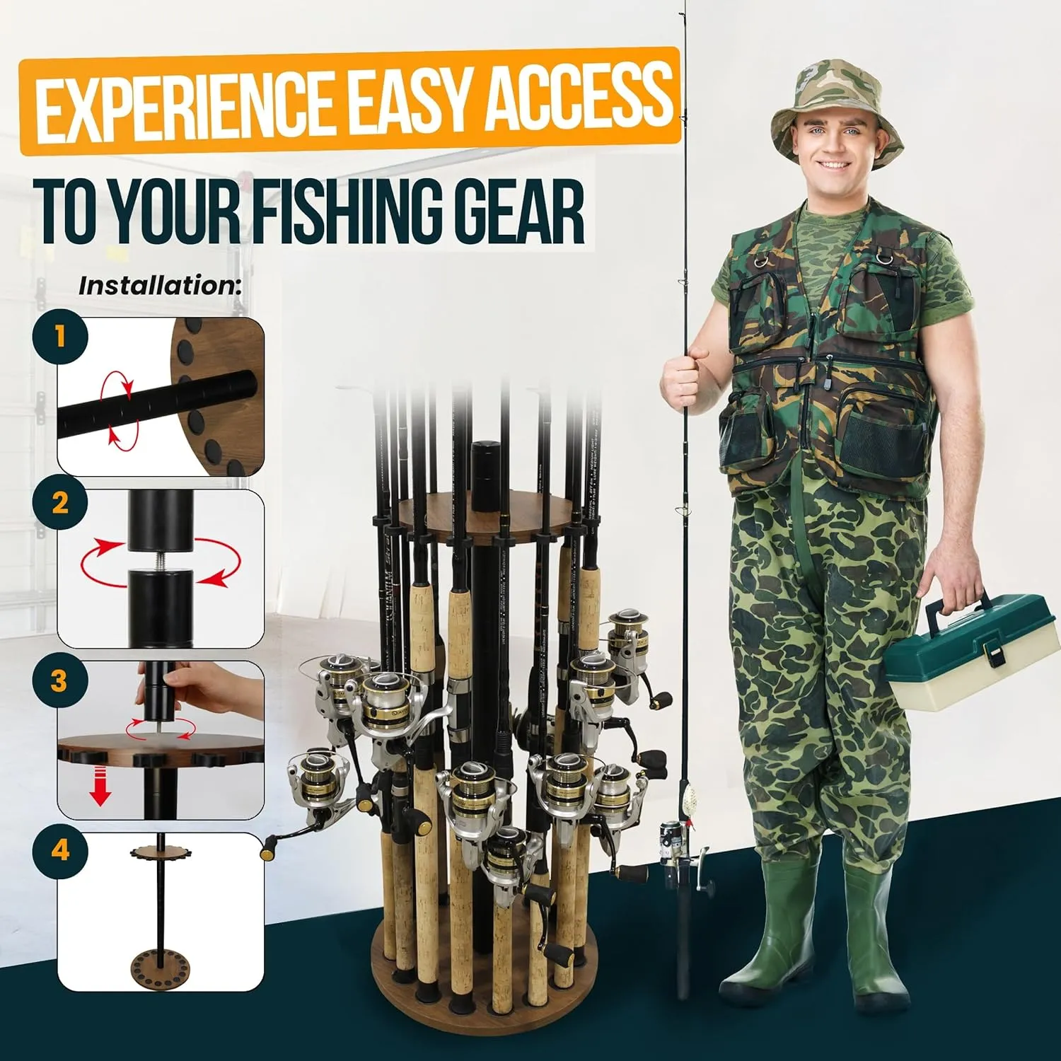 Rush Creek Creations | Round Rod Holder for 16 Freshwater Poles, Gear, and Accessories | Fishing Rack With 16 Rod Clips for Garage Organization