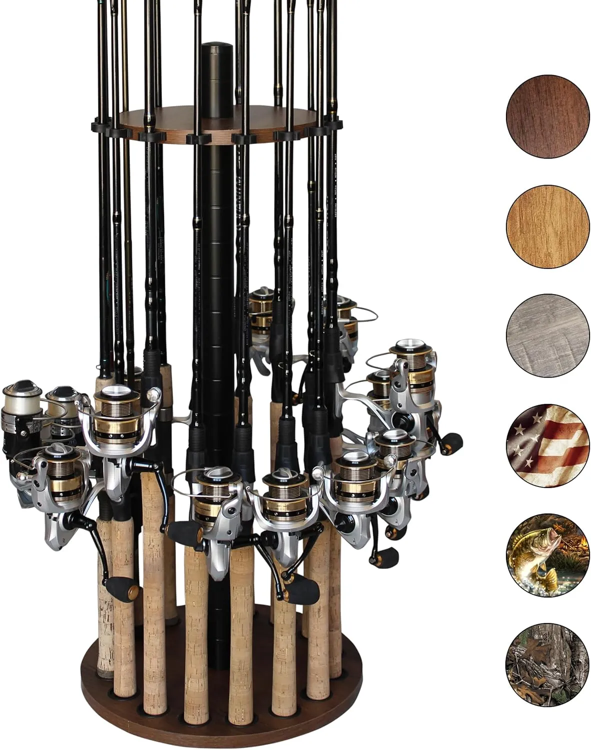 Rush Creek Creations | Round Rod Holder for 16 Freshwater Poles, Gear, and Accessories | Fishing Rack With 16 Rod Clips for Garage Organization
