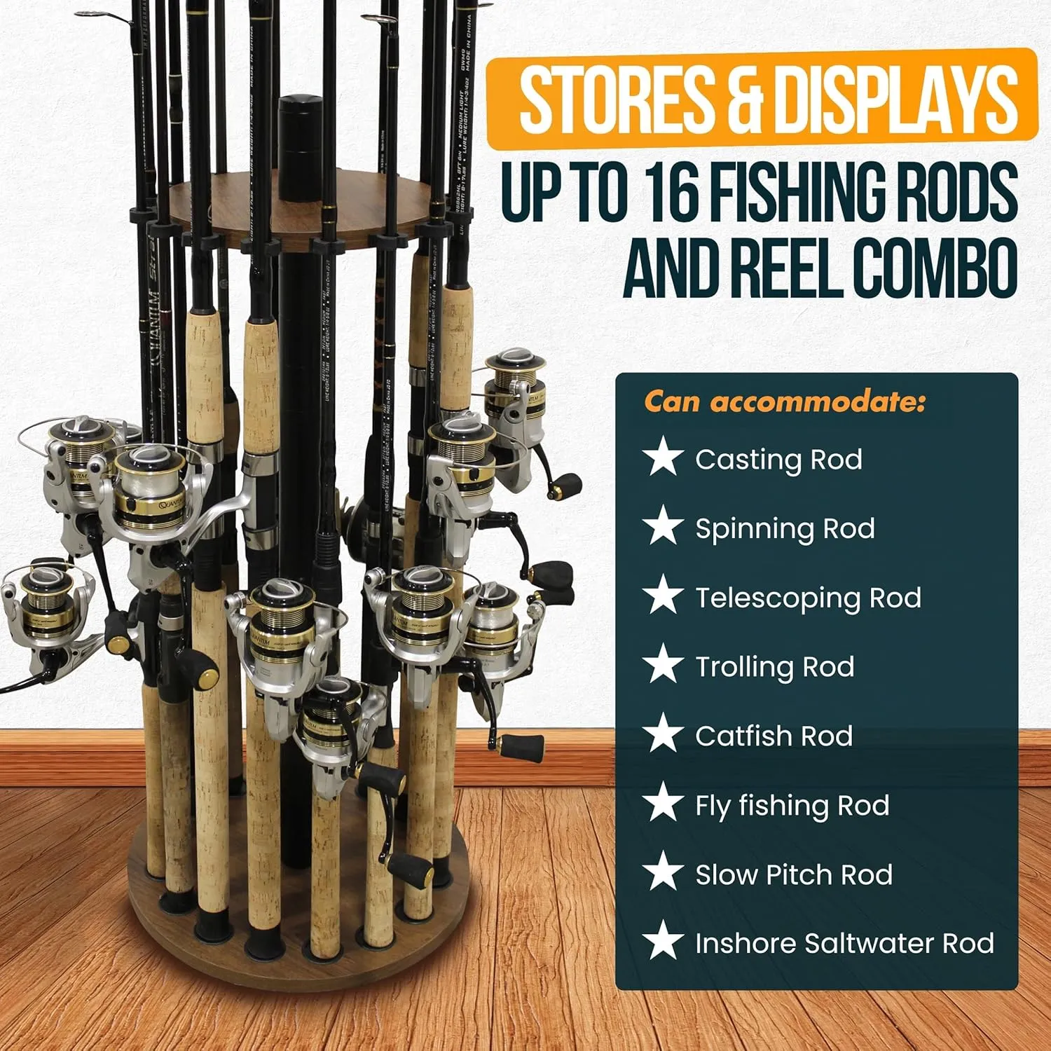 Rush Creek Creations | Round Rod Holder for 16 Freshwater Poles, Gear, and Accessories | Fishing Rack With 16 Rod Clips for Garage Organization