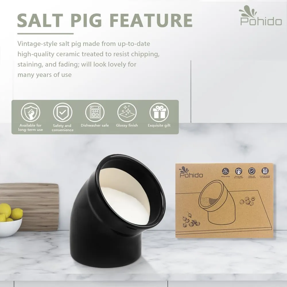 Salt Pig, Dishwasher Safe Ceramic Salt Cellar Modern and Minimalist, Salt Pig Ceramic for Convenient Access to Seasoning, Wide Caliber Salt Holder for Counter, Black