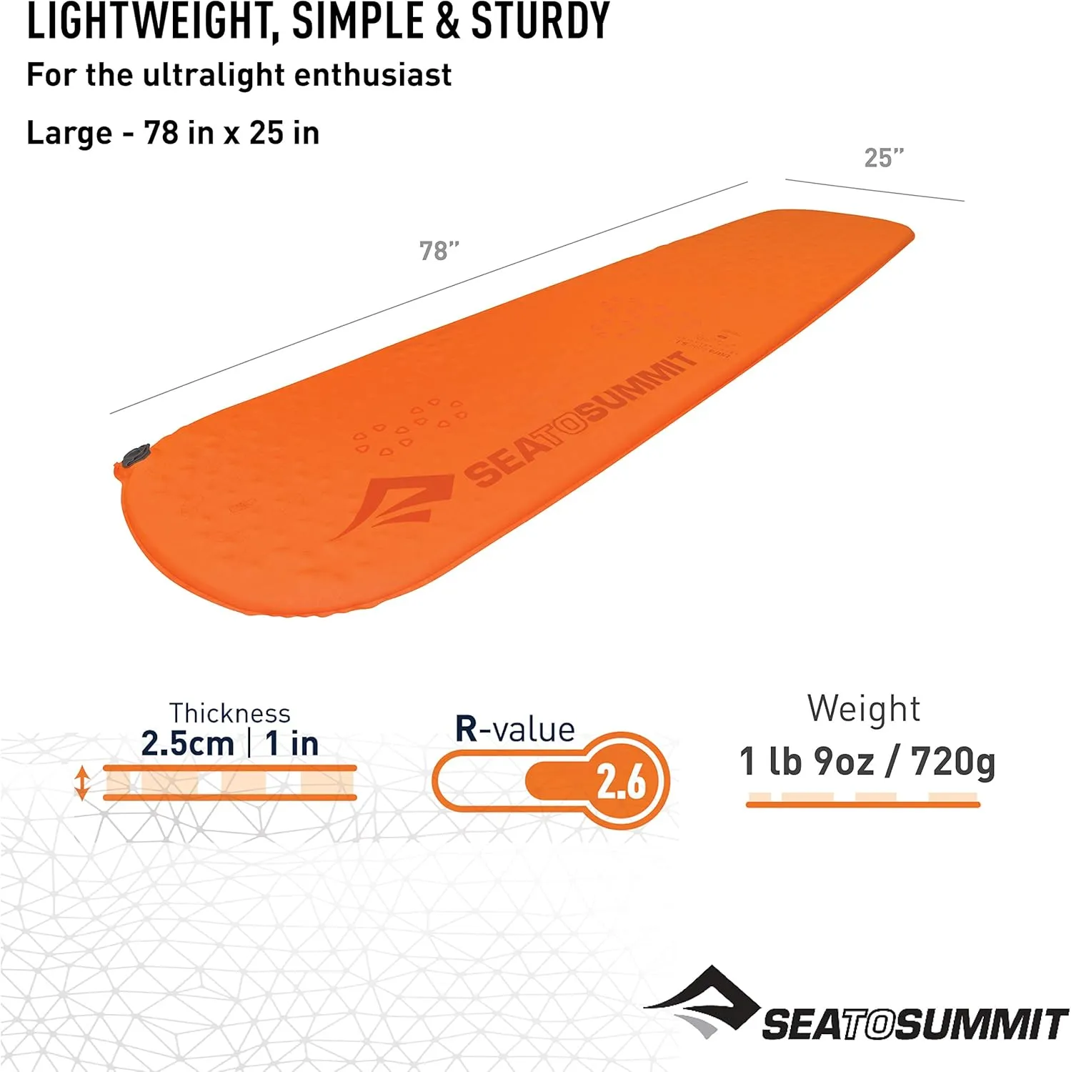 Sea to Summit Ultralight Self-Inflating Foam Sleeping Pad for Backpacking and Camping, Large (78 x 25 x 1 inches)