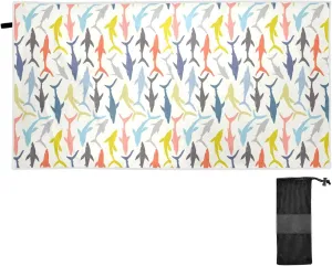 Seamless Vintage Pattern of Colorful Hand-drawn Sharks Silhouettes Quick Drying Beach Towel, Foldable Yoga Towel, Soft Sport Towel, Sweat Absorbent Towel with Storage Mesh Bag 30 x 60 inch (S)
