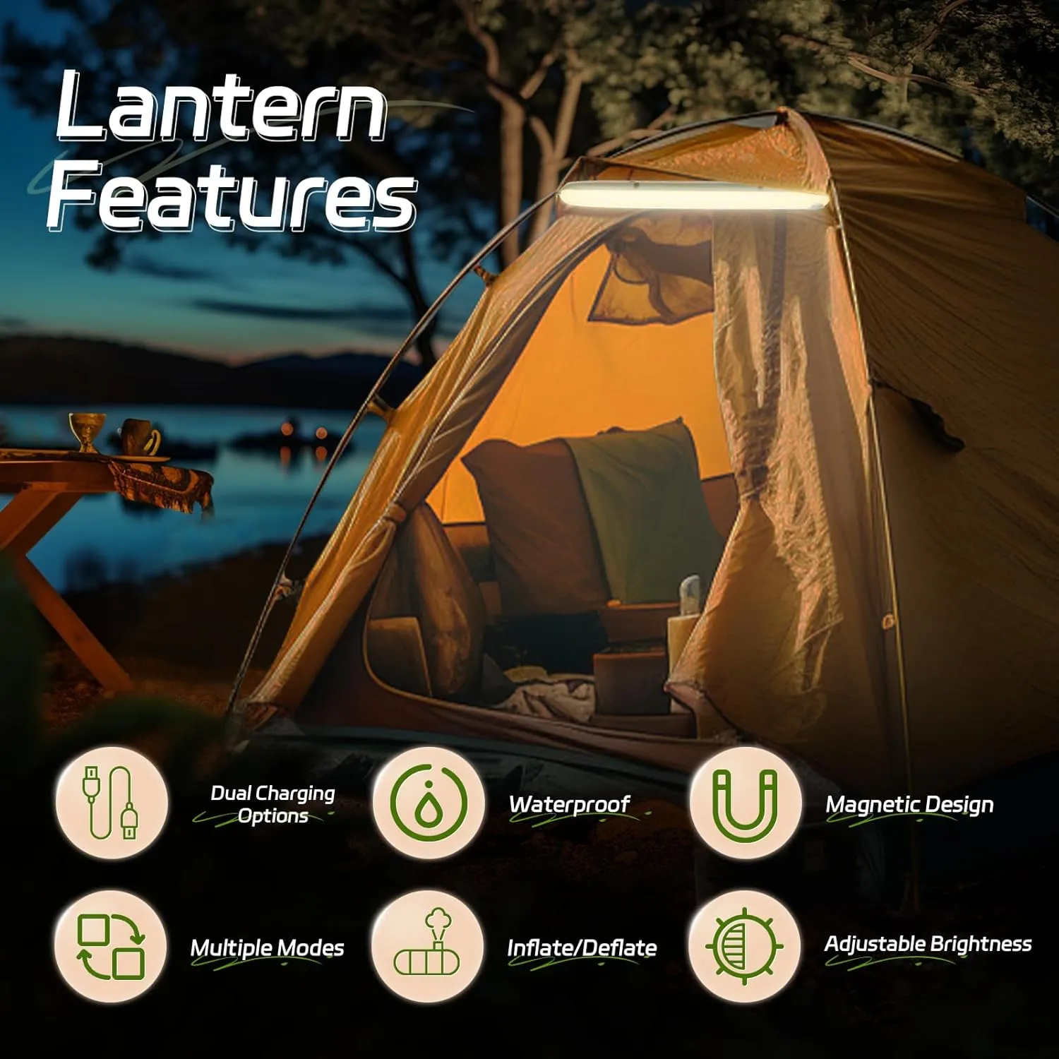 SELORSS Portable Inflatable Outdoor Camping Light, IP66 Waterproof Standard, Three Warm Light Modes and Strobe Signal Light for Camping, Hiking, Traveling, etc. (Green Two-Piece)