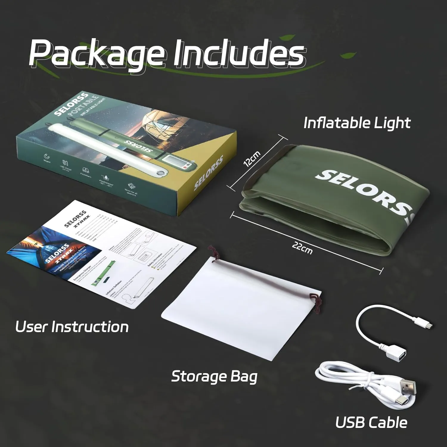 SELORSS Portable Inflatable Outdoor Camping Light, IP66 Waterproof Standard, Three Warm Light Modes and Strobe Signal Light for Camping, Hiking, Traveling, etc. (Green Two-Piece)