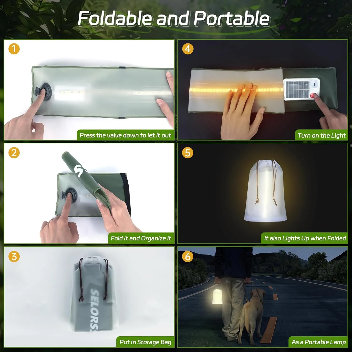 SELORSS Portable Inflatable Outdoor Camping Light, IP66 Waterproof Standard, Three Warm Light Modes and Strobe Signal Light for Camping, Hiking, Traveling, etc. (Green Two-Piece)