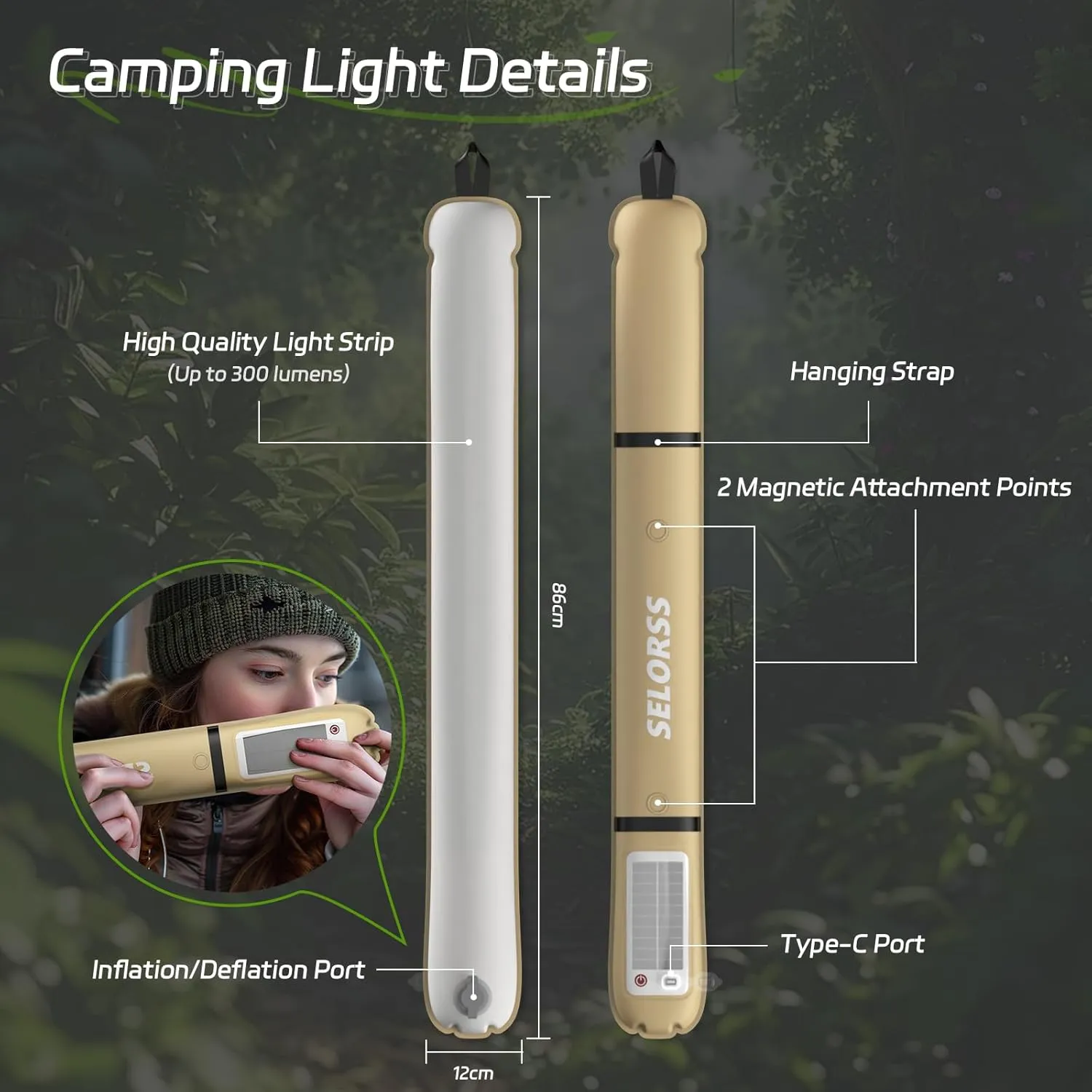 SELORSS Portable Inflatable Outdoor Camping Light, IP66 Waterproof Standard, Three Warm Light Modes and Strobe Signal Light for Camping, Hiking, Traveling, etc. (Green Two-Piece)