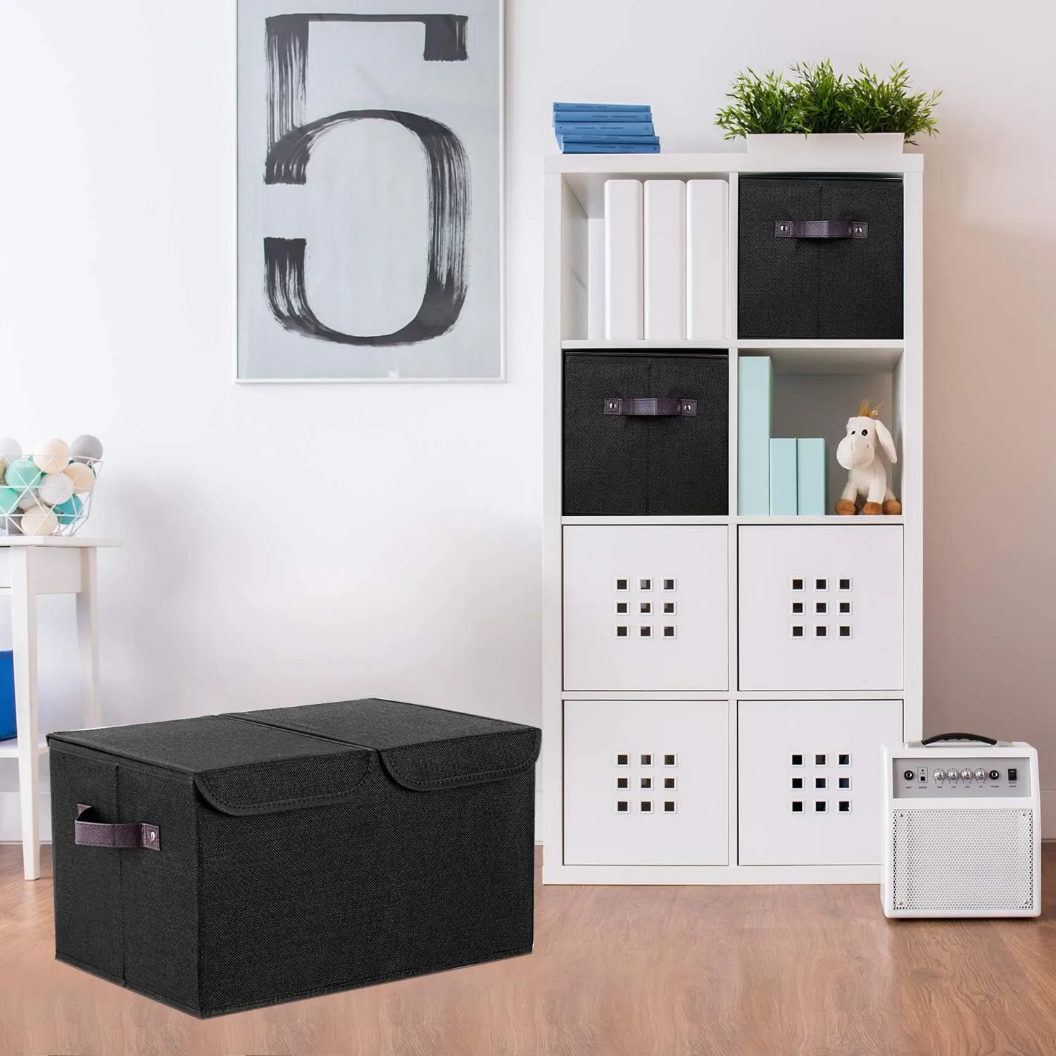 senbowe Larger Storage Cubes [4-Pack] 33 Quart Linen Fabric Foldable Collapsible Storage Cube Bin Organizer Basket with Lid, Handles, Removable Divider For Home, Closet - (16.5 x 11.8 x 9.8”)