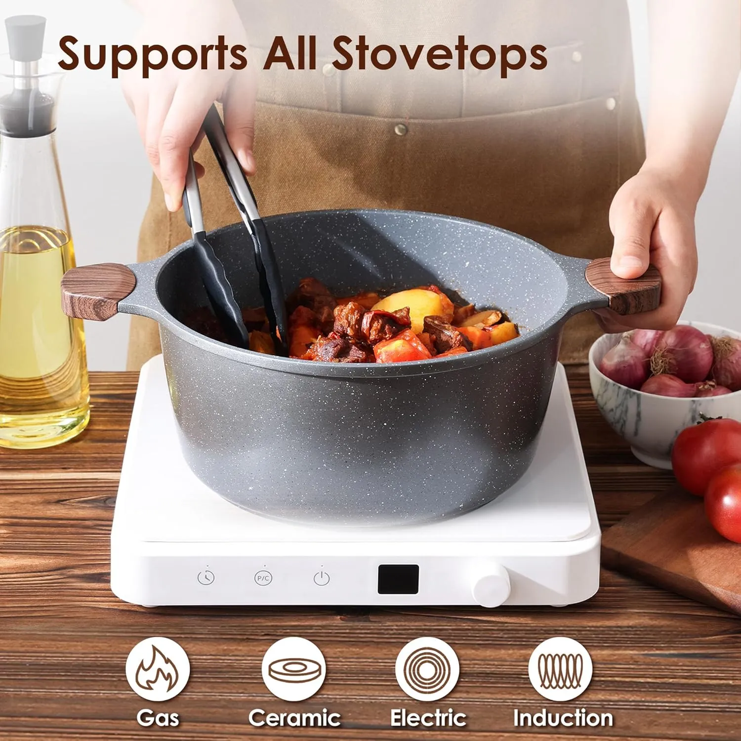 SENSARTE Nonstick Stock Pot with Lid, 4.5 Quart Induction Cooking Pot with Tempered Glass Lid, Stew Pot with Swiss Nonstick Granite Coating for Soup, Oatmeal and Pasta, PFOA Free Casserole, Gray