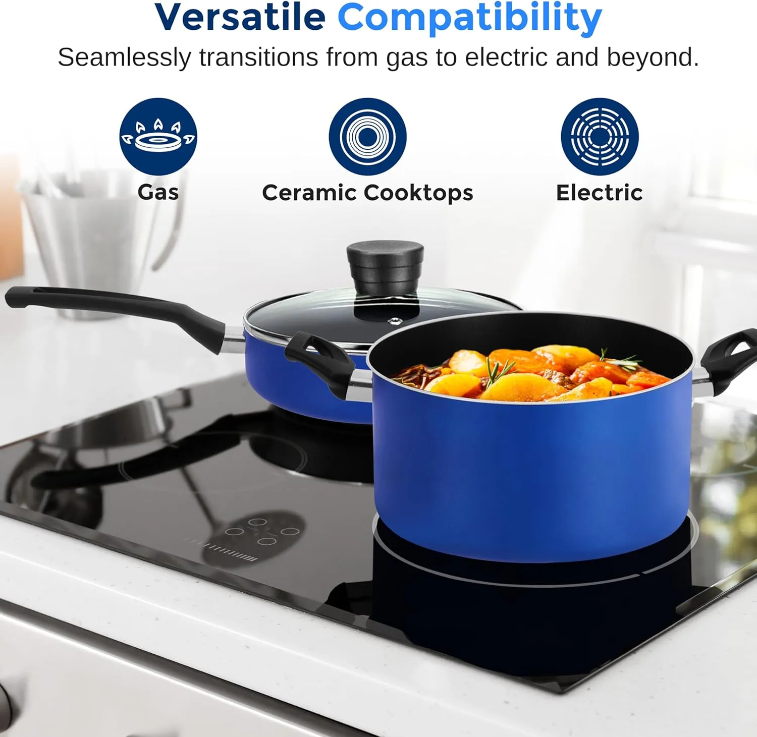 SereneLife 20-Piece Blue Cookware and Knives Set - Includes Multi-Sized Nonstick Pots and Pans with Lids and Utensils, Heat Resistant, Dishwasher Safe