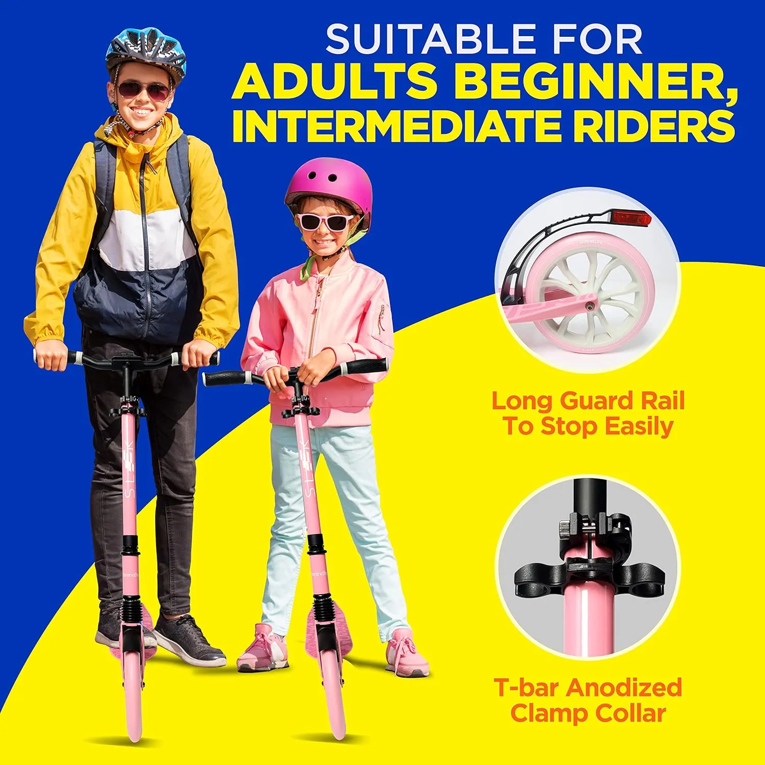 SereneLife Kick Scooter Adult Teenagers Kids- 2 Wheel Kids Scooter with Adjustable T-Bar Handlebar - Alloy Anti-Slip Deck - Portable Folding Scooters for Kids with Carrying Strap