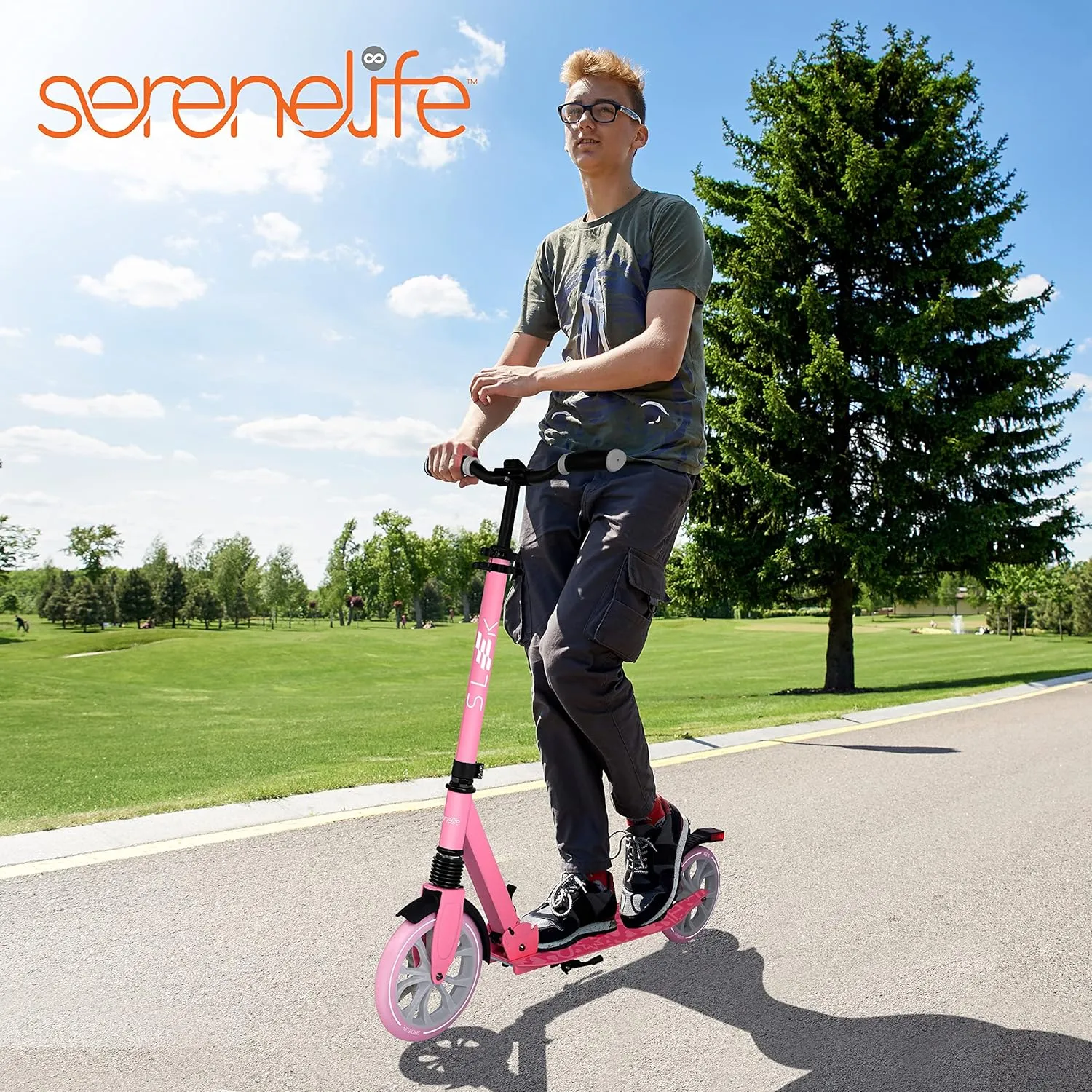SereneLife Kick Scooter Adult Teenagers Kids- 2 Wheel Kids Scooter with Adjustable T-Bar Handlebar - Alloy Anti-Slip Deck - Portable Folding Scooters for Kids with Carrying Strap