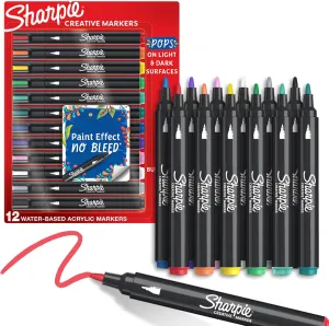 Sharpie Acrylic Creative Markers Bullet Tip Vibrant Assorted Colors Non-Bleeding Water-Based Ink Pack of 12
