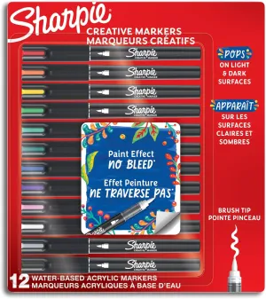 Sharpie Creative Water-Based Acrylic Markers, Brush Tip, Assorted Colors, Pack Of 12 Markers