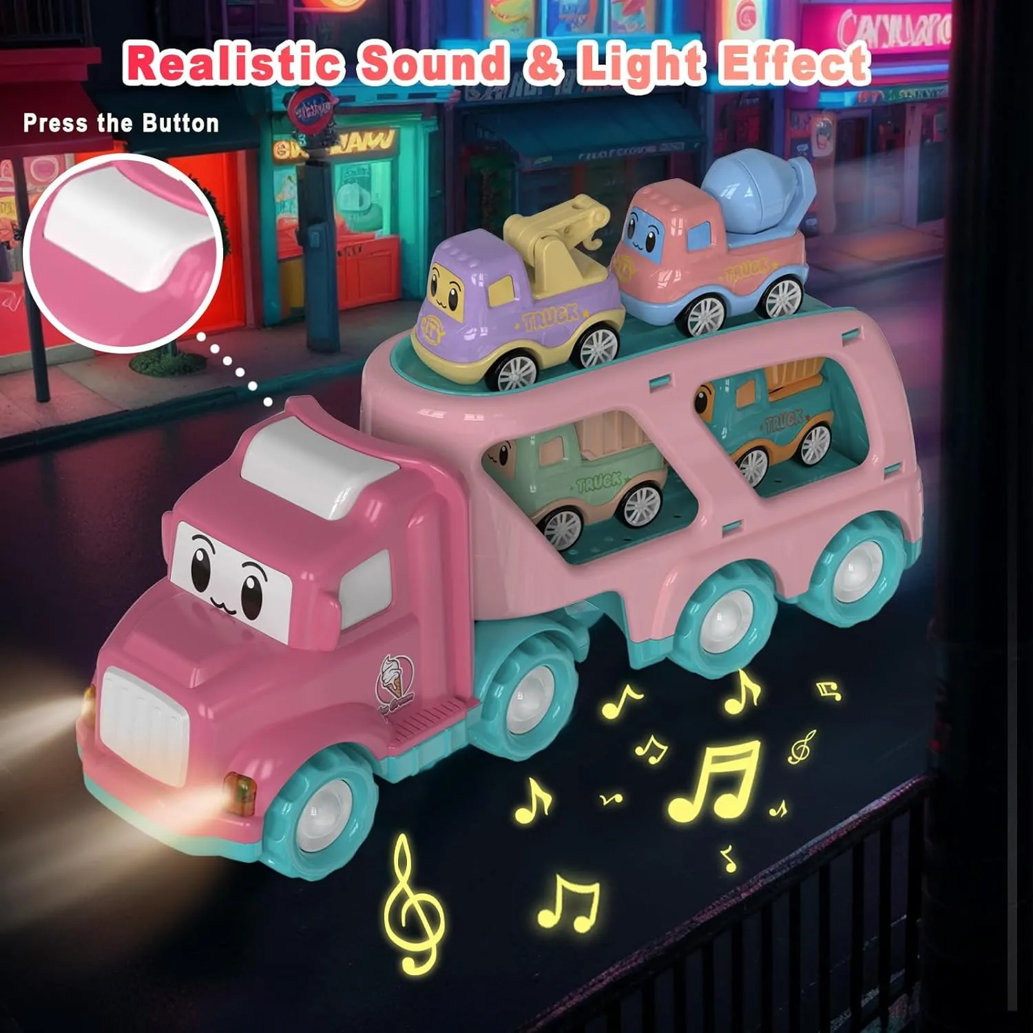 SHAWE 5 in 1 Toys Cars for 3 4 5 6 Years Old Toddlers Boys Girls Gifts, Transport Truck Toys with Sound&Light, Cute Pull Back Cars Vehicle Carrier Truck Set for Kids Birthday Christmas