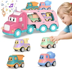 SHAWE 5 in 1 Toys Cars for 3 4 5 6 Years Old Toddlers Boys Girls Gifts, Transport Truck Toys with Sound&Light, Cute Pull Back Cars Vehicle Carrier Truck Set for Kids Birthday Christmas
