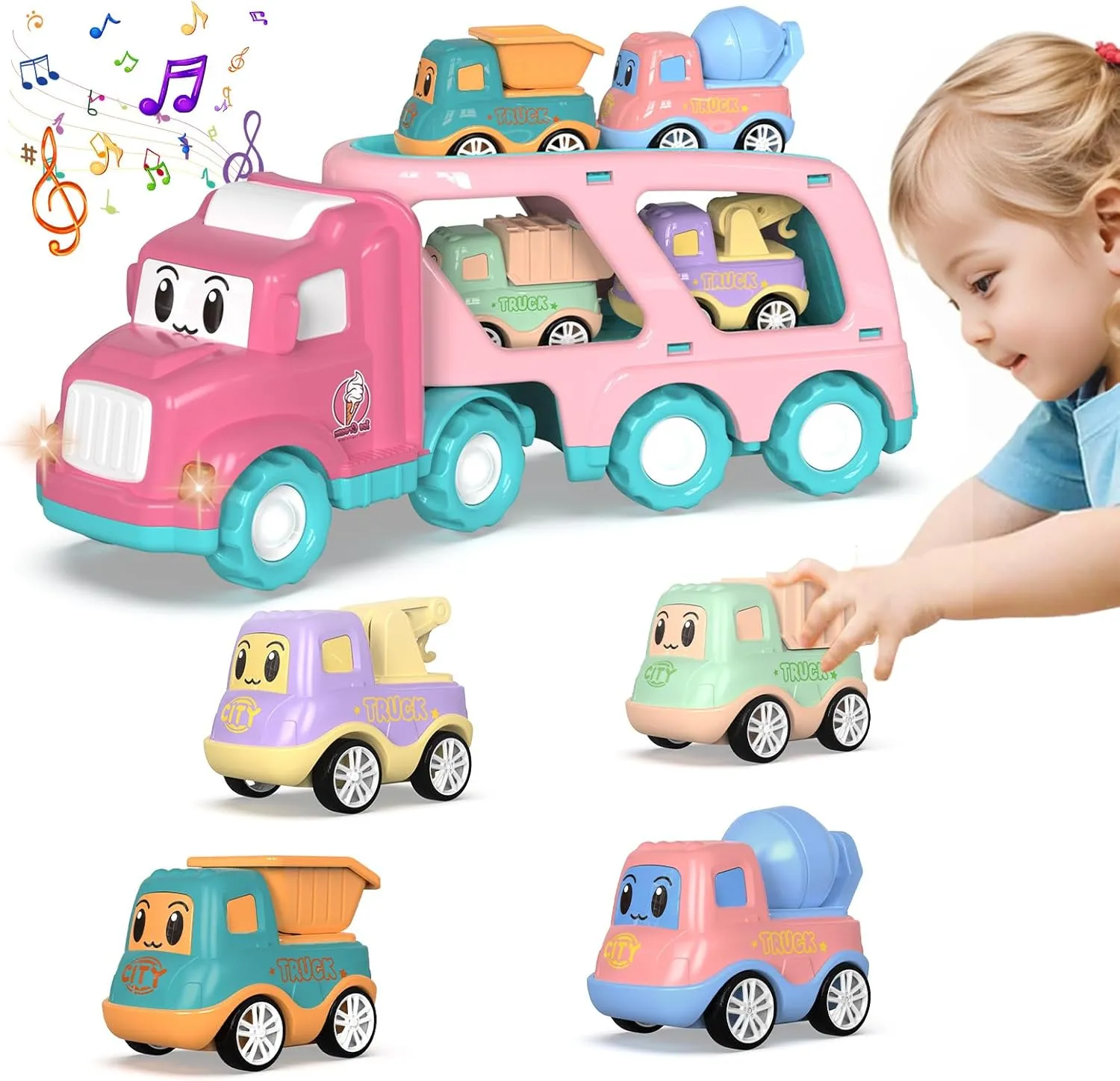 SHAWE 5 in 1 Toys Cars for 3 4 5 6 Years Old Toddlers Boys Girls Gifts, Transport Truck Toys with Sound&Light, Cute Pull Back Cars Vehicle Carrier Truck Set for Kids Birthday Christmas