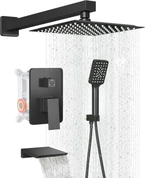 Shower Faucet Set Complete Matte Black Shower System with 10 inch Square Rainfall Shower Head 3-Function Handheld Shower Waterfall Bathtub Spout Rain Shower Combo Set Bathroom Wall Mounted