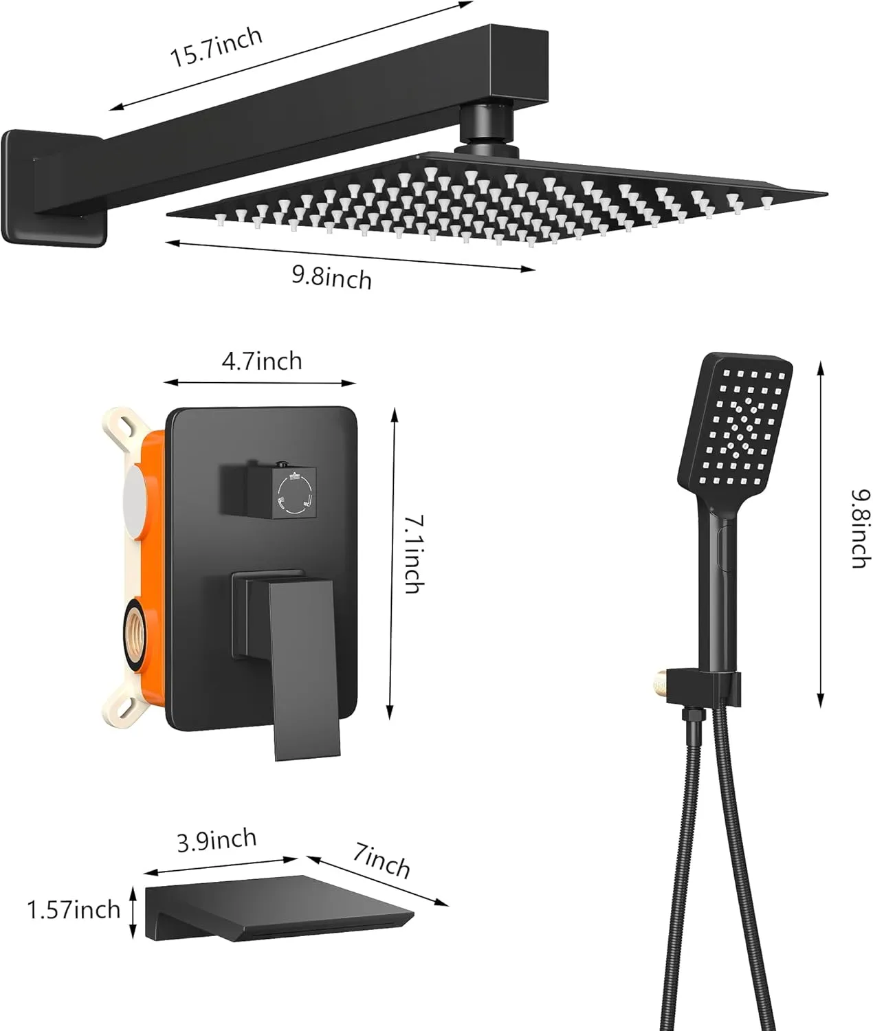Shower Faucet Set Complete Matte Black Shower System with 10 inch Square Rainfall Shower Head 3-Function Handheld Shower Waterfall Bathtub Spout Rain Shower Combo Set Bathroom Wall Mounted