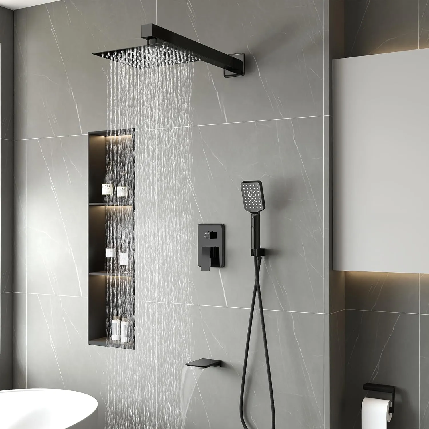 Shower Faucet Set Complete Matte Black Shower System with 10 inch Square Rainfall Shower Head 3-Function Handheld Shower Waterfall Bathtub Spout Rain Shower Combo Set Bathroom Wall Mounted