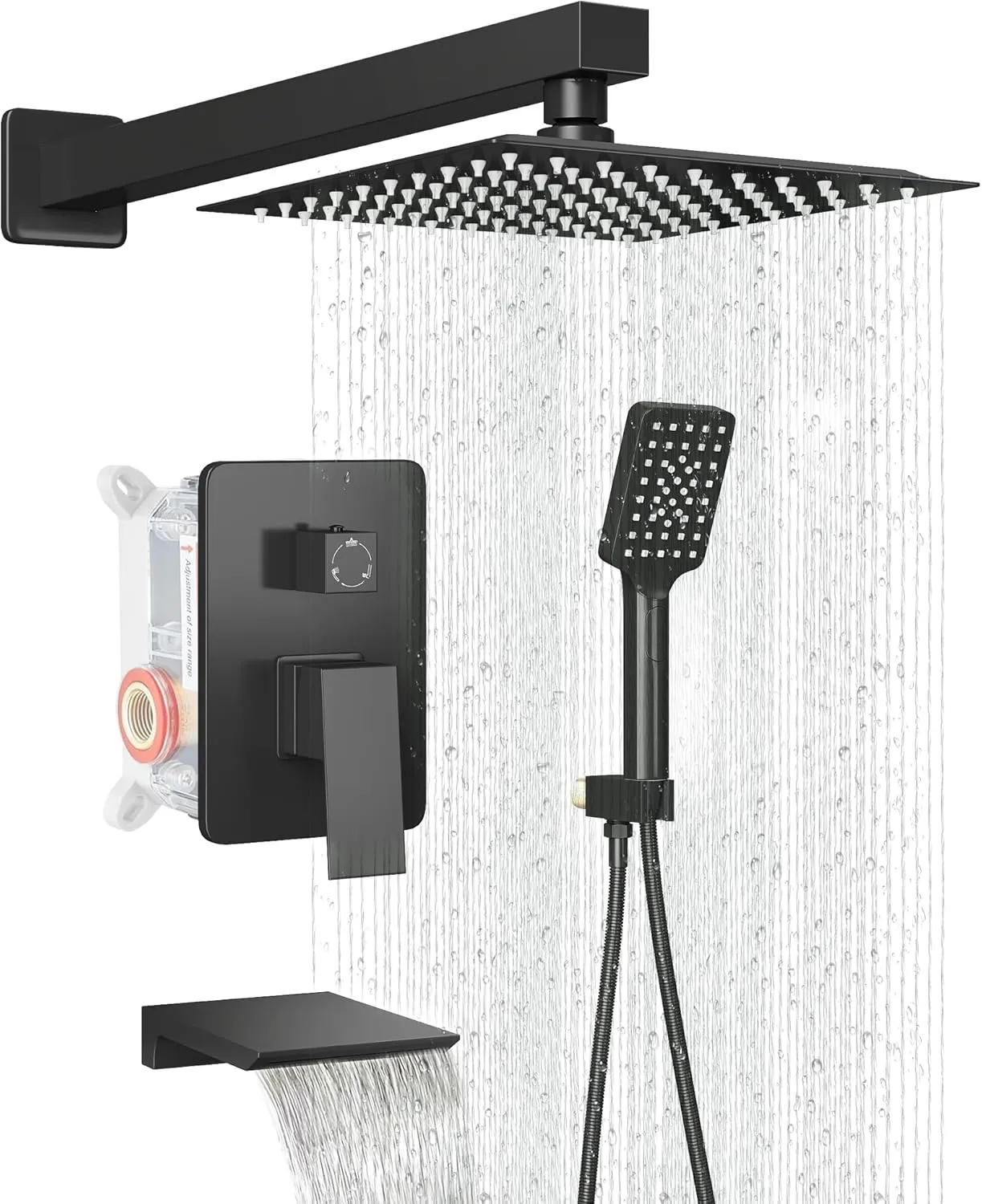 Shower Faucet Set Complete Matte Black Shower System with 10 inch Square Rainfall Shower Head 3-Function Handheld Shower Waterfall Bathtub Spout Rain Shower Combo Set Bathroom Wall Mounted