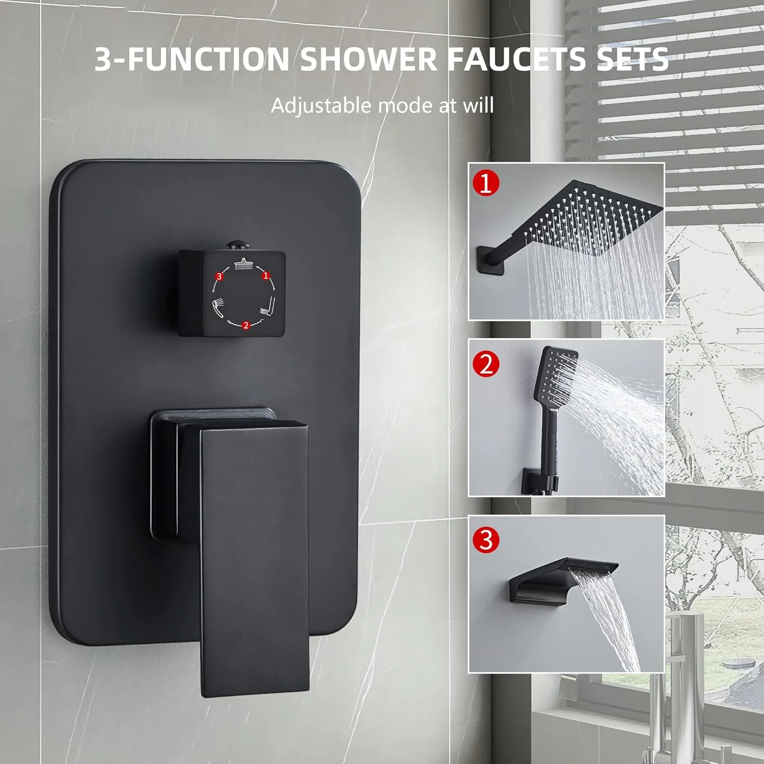 Shower Faucet Set Complete Matte Black Shower System with 10 inch Square Rainfall Shower Head 3-Function Handheld Shower Waterfall Bathtub Spout Rain Shower Combo Set Bathroom Wall Mounted