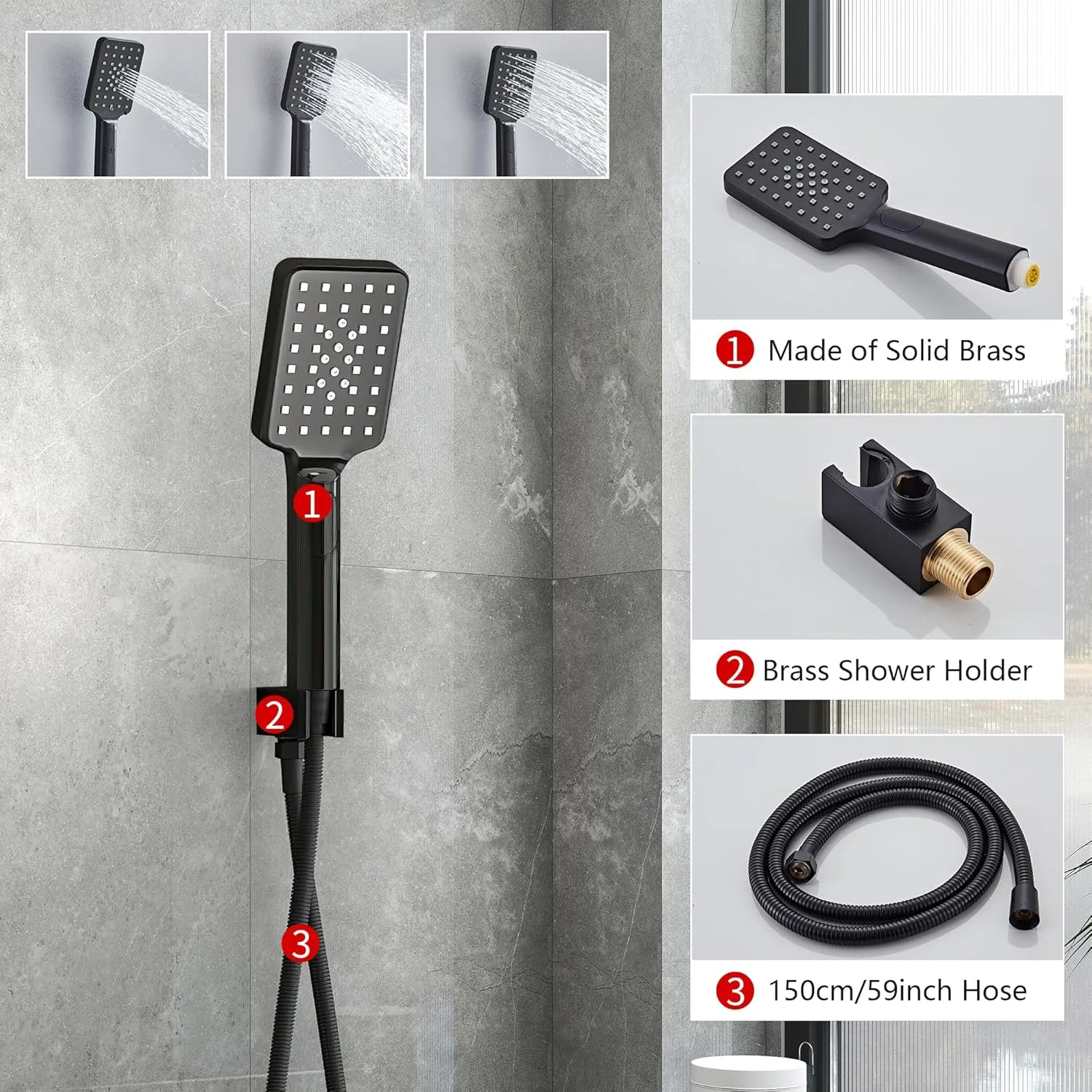 Shower Faucet Set Complete Matte Black Shower System with 10 inch Square Rainfall Shower Head 3-Function Handheld Shower Waterfall Bathtub Spout Rain Shower Combo Set Bathroom Wall Mounted
