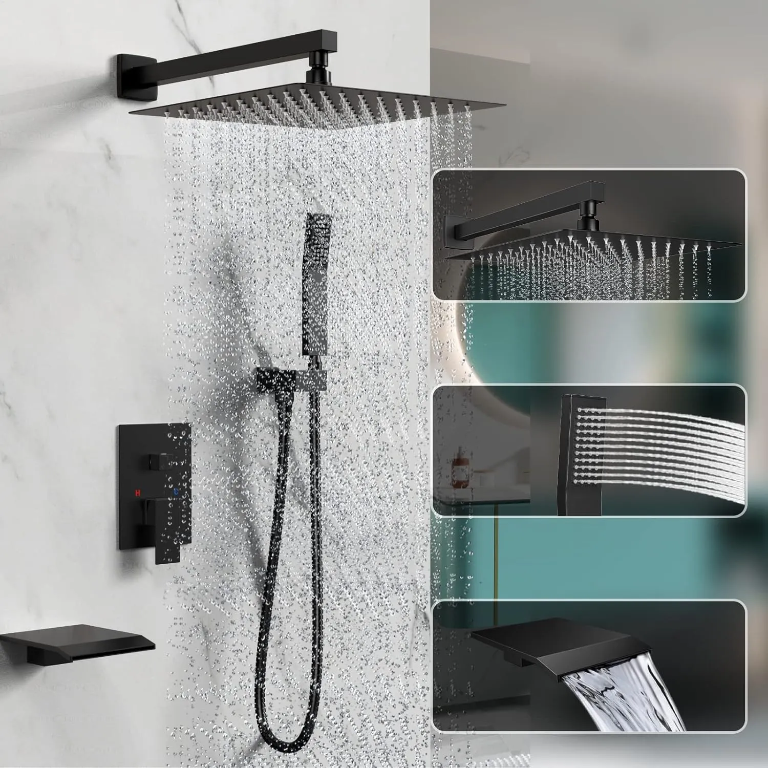 Shower System Rain Shower Faucet Set with Tub Spout,10 inch Bathroom Wall Mounted Waterfall Bathtub Faucet with Handheld Spray and Rough-in Valve Body and Trim kit,Matte Black