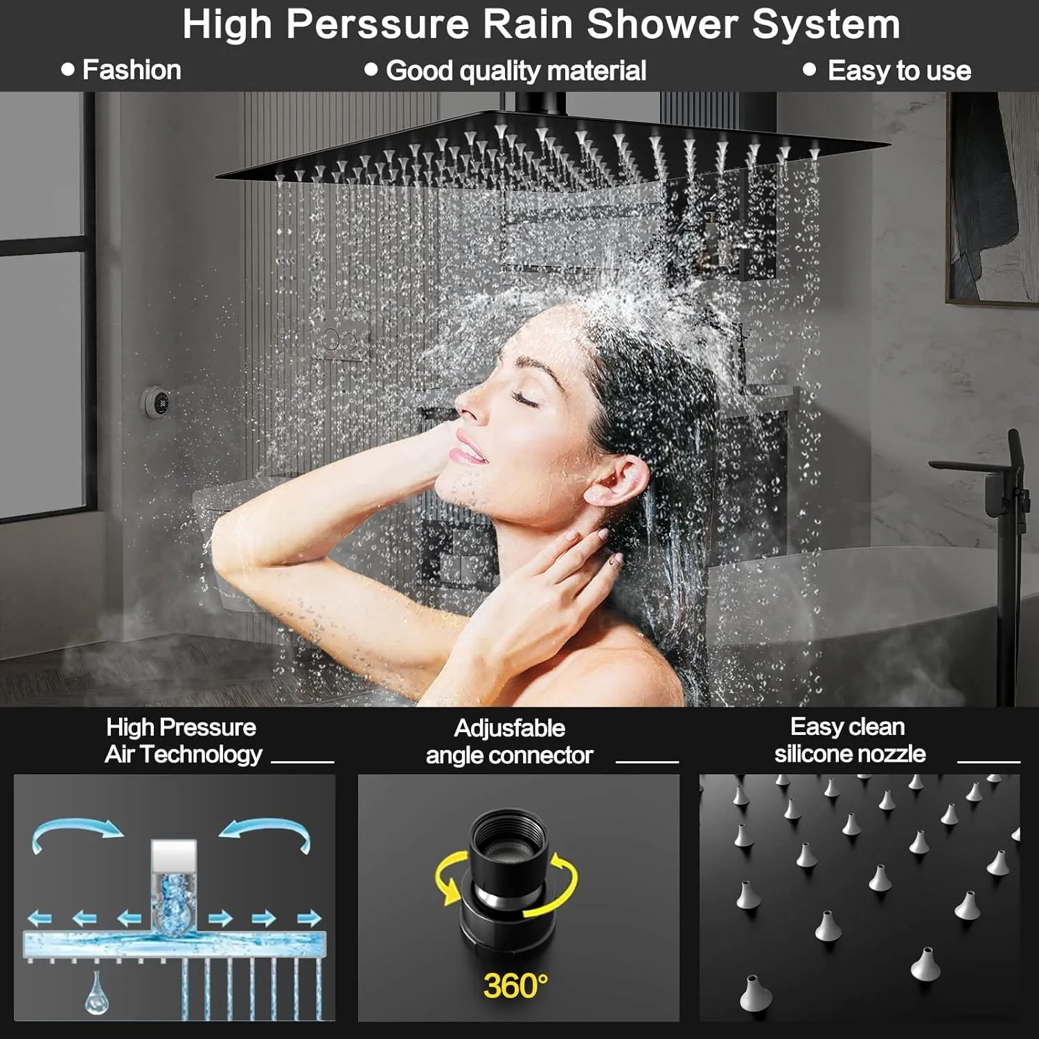 Shower System Rain Shower Faucet Set with Tub Spout,10 inch Bathroom Wall Mounted Waterfall Bathtub Faucet with Handheld Spray and Rough-in Valve Body and Trim kit,Matte Black