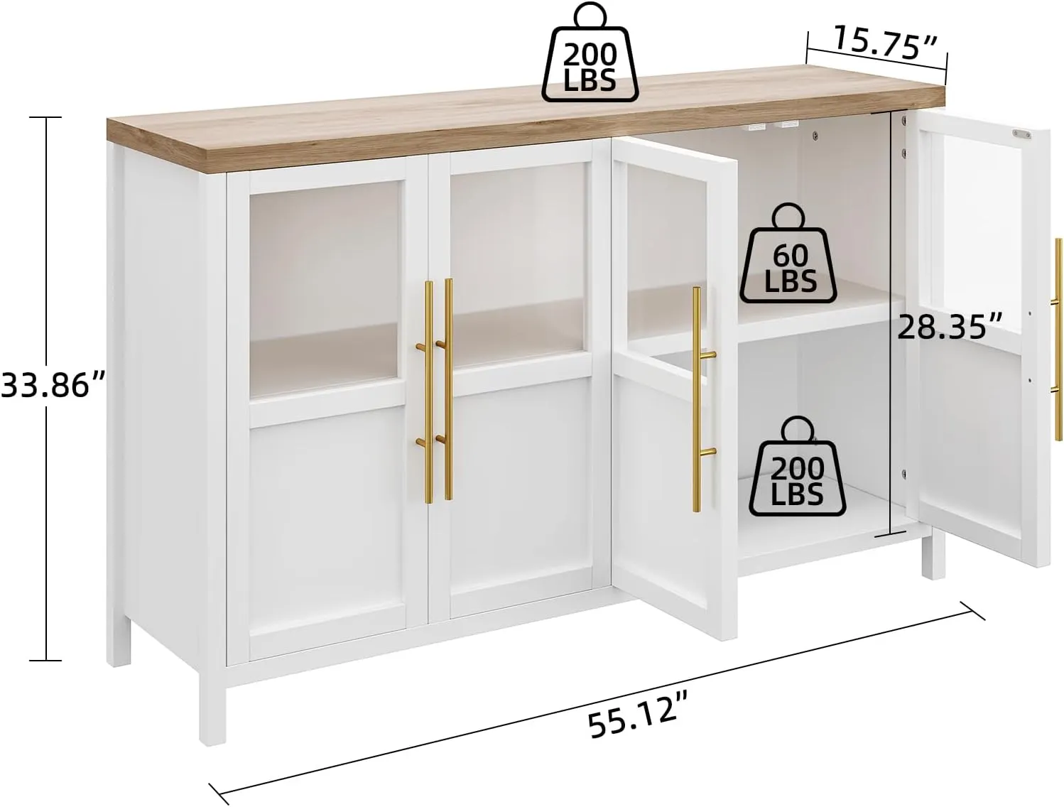 Sideboard Buffet Cabinet with 4 Glass Doors, 55" Large Buffet Cabinet with Storage, Modern Farmhouse Storage Cabinet Table for Kitchen Dining Room, Living Room (Glass with 4 Door, White)