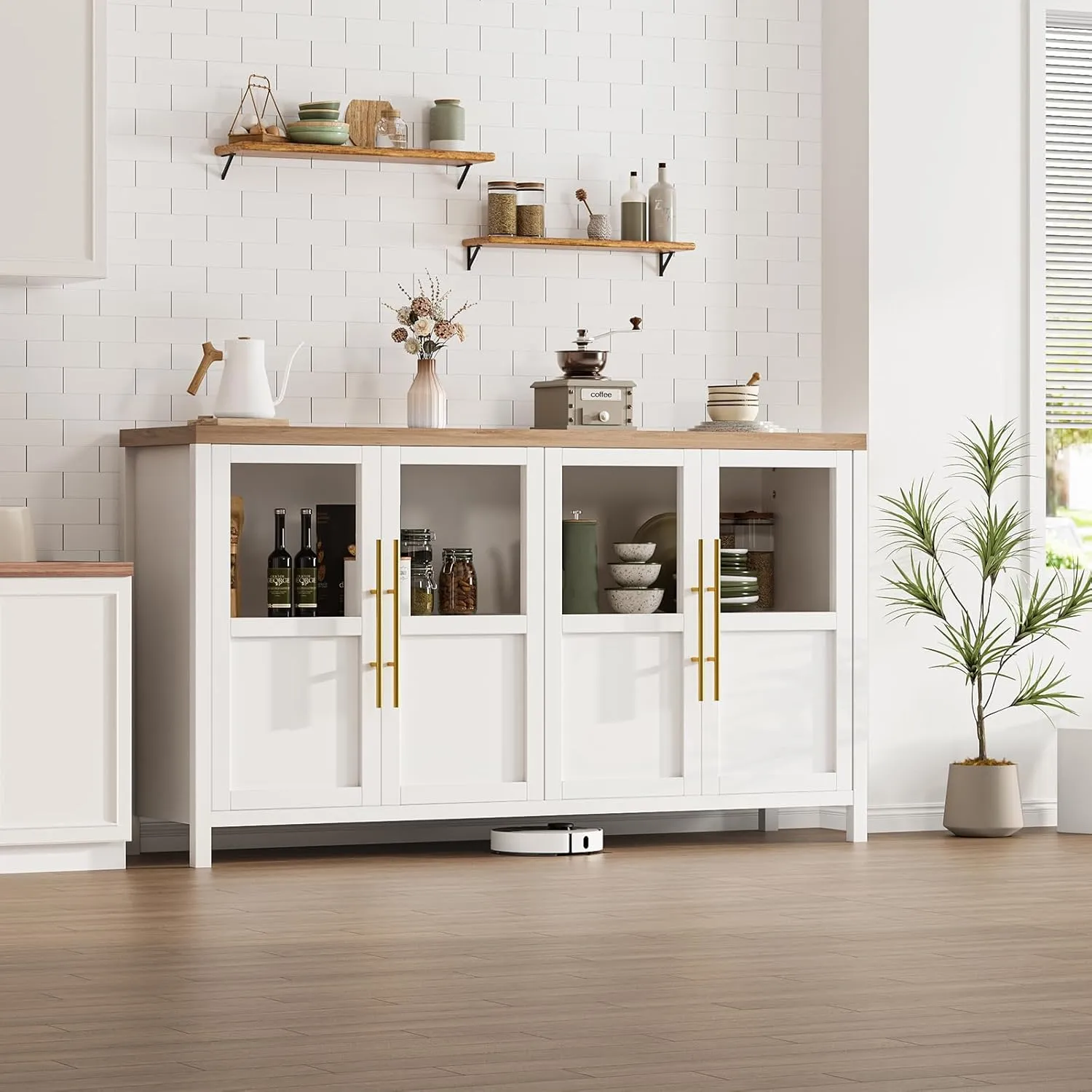 Sideboard Buffet Cabinet with 4 Glass Doors, 55" Large Buffet Cabinet with Storage, Modern Farmhouse Storage Cabinet Table for Kitchen Dining Room, Living Room (Glass with 4 Door, White)
