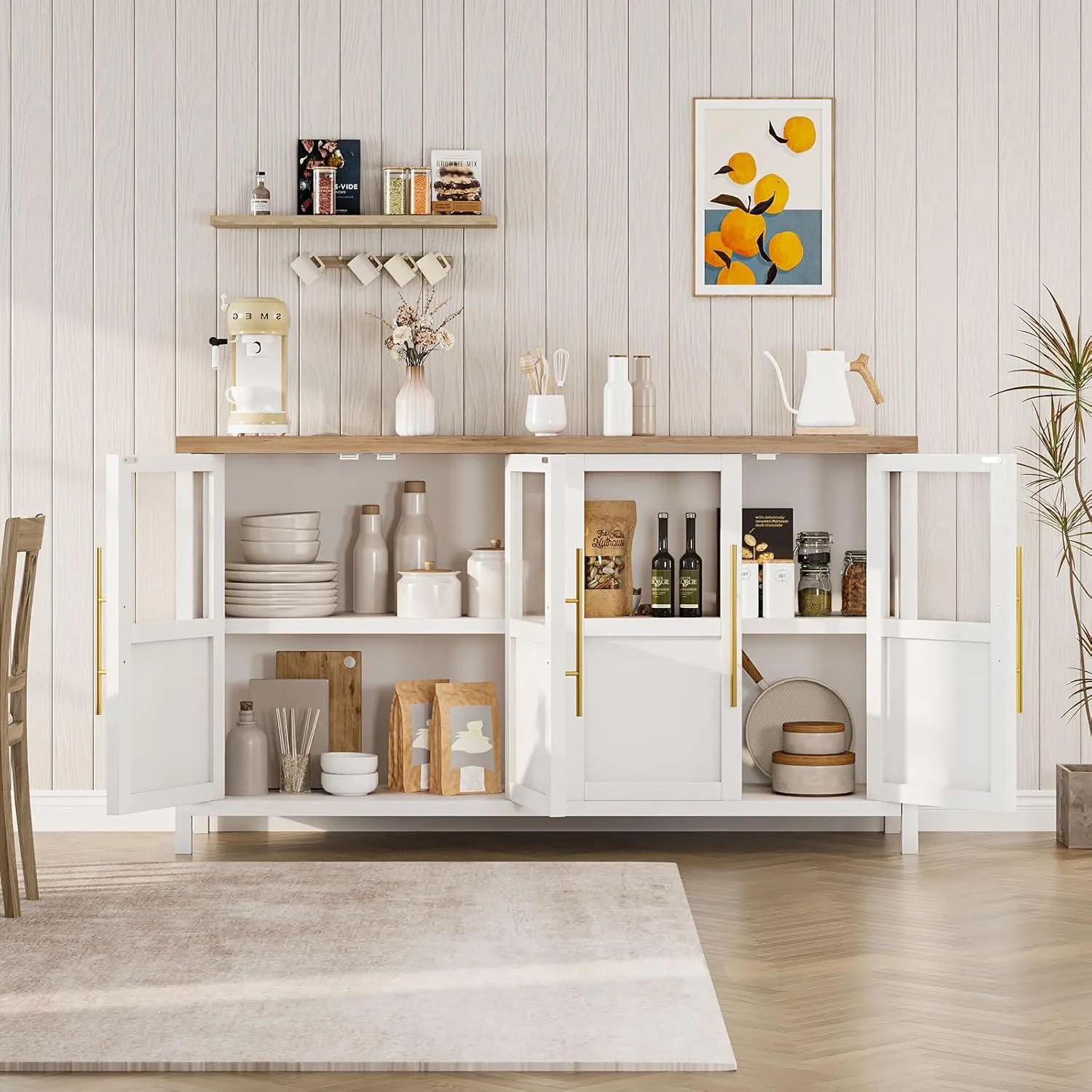 Sideboard Buffet Cabinet with 4 Glass Doors, 55" Large Buffet Cabinet with Storage, Modern Farmhouse Storage Cabinet Table for Kitchen Dining Room, Living Room (Glass with 4 Door, White)