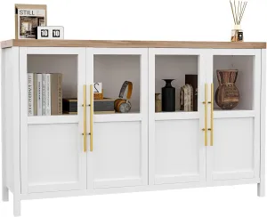 Sideboard Buffet Cabinet with 4 Glass Doors, 55" Large Buffet Cabinet with Storage, Modern Farmhouse Storage Cabinet Table for Kitchen Dining Room, Living Room (Glass with 4 Door, White)